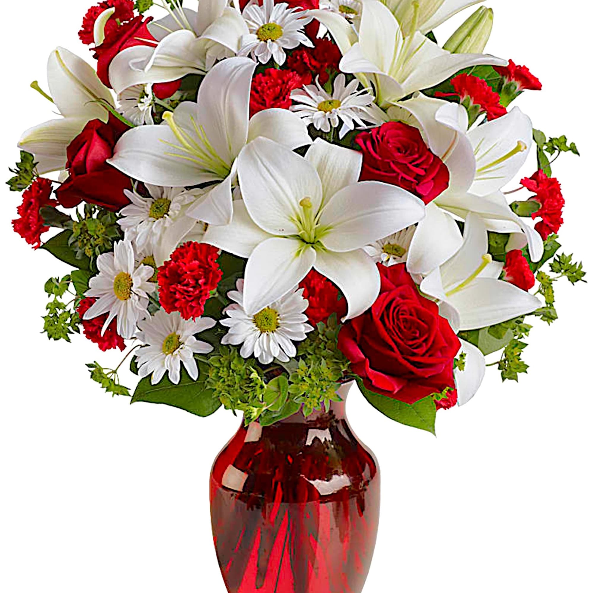 Red roses and white lilies in a red glass vase
