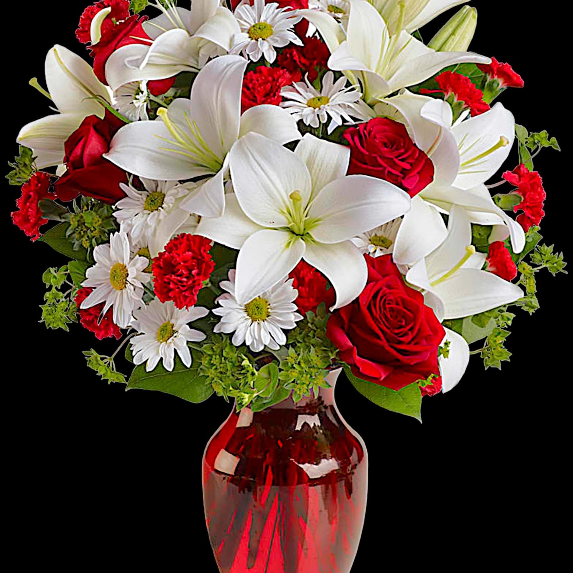 Red roses and white lilies in a red glass vase, photo 4 of 6