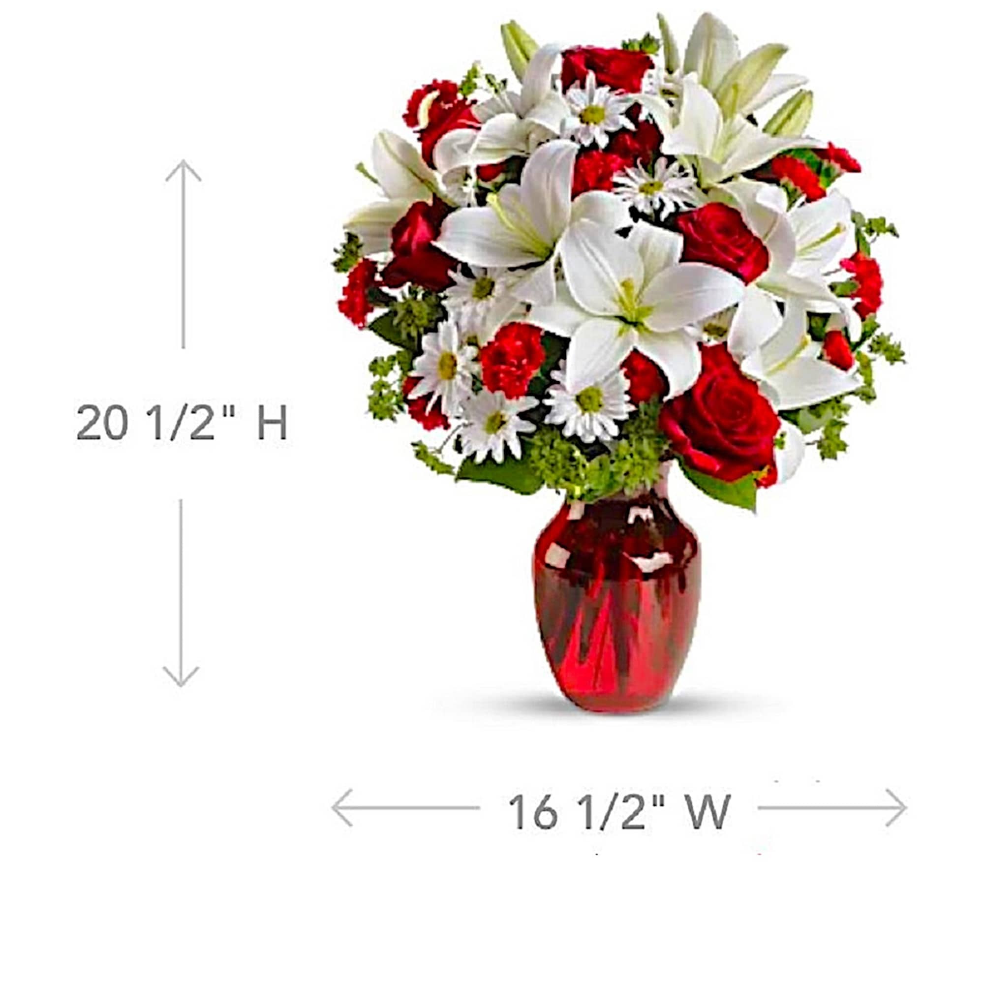Red and white flower arrangement in a red vase