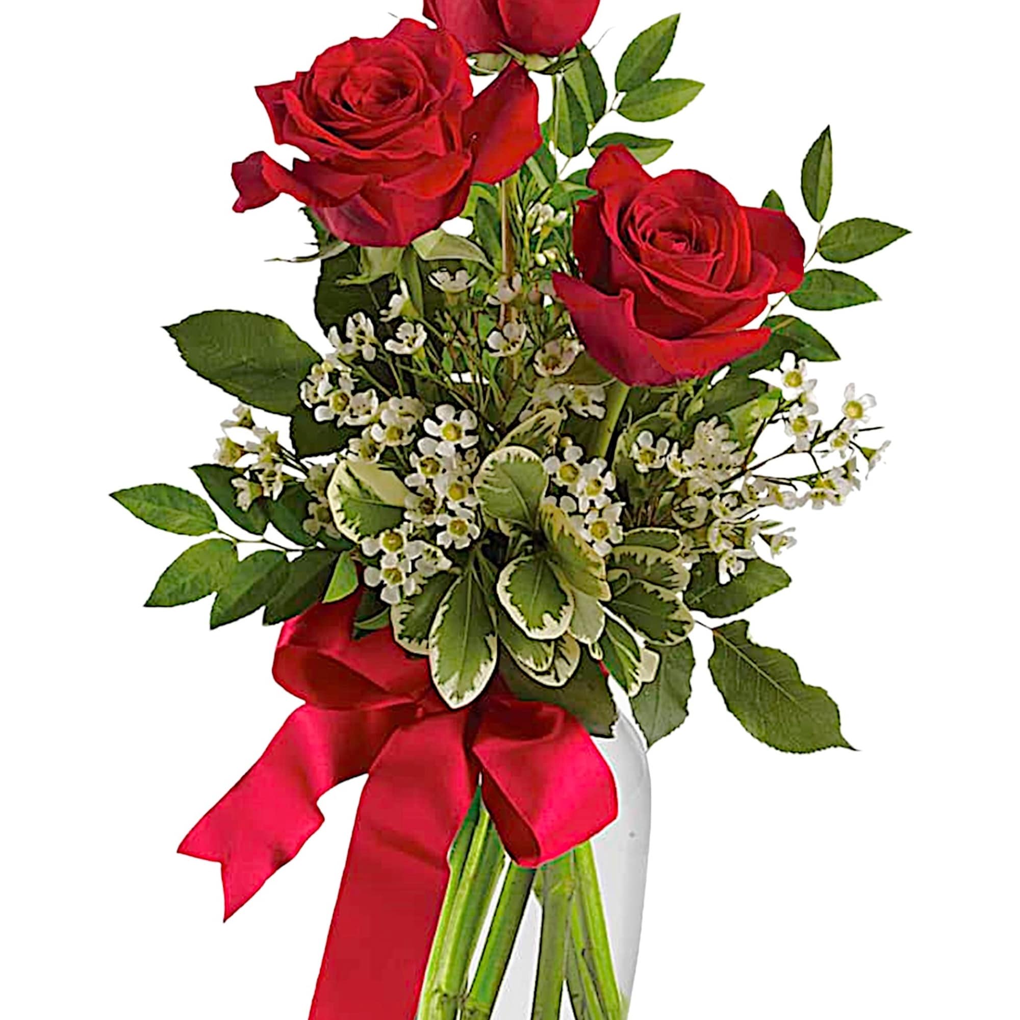 Red roses in a clear glass vase with a red ribbon