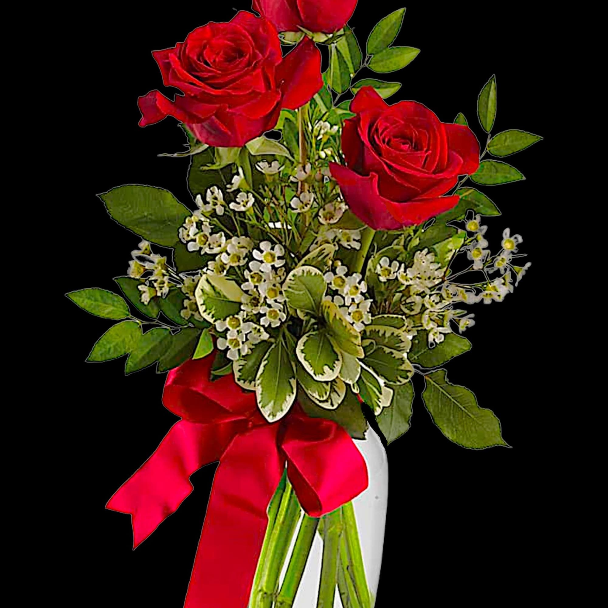 Red roses in a clear glass vase with a red ribbon, photo 4 of 5