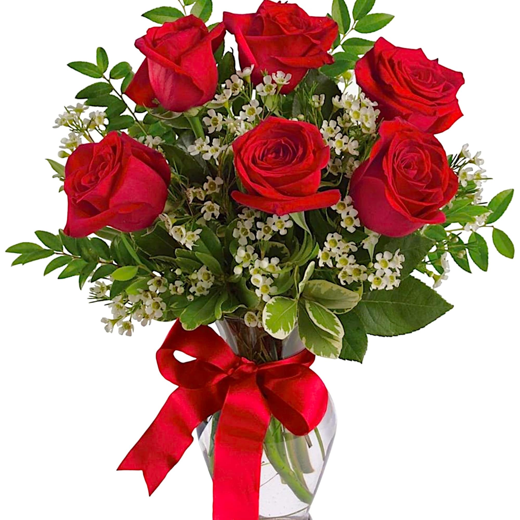 Red roses in a clear vase with a red ribbon
