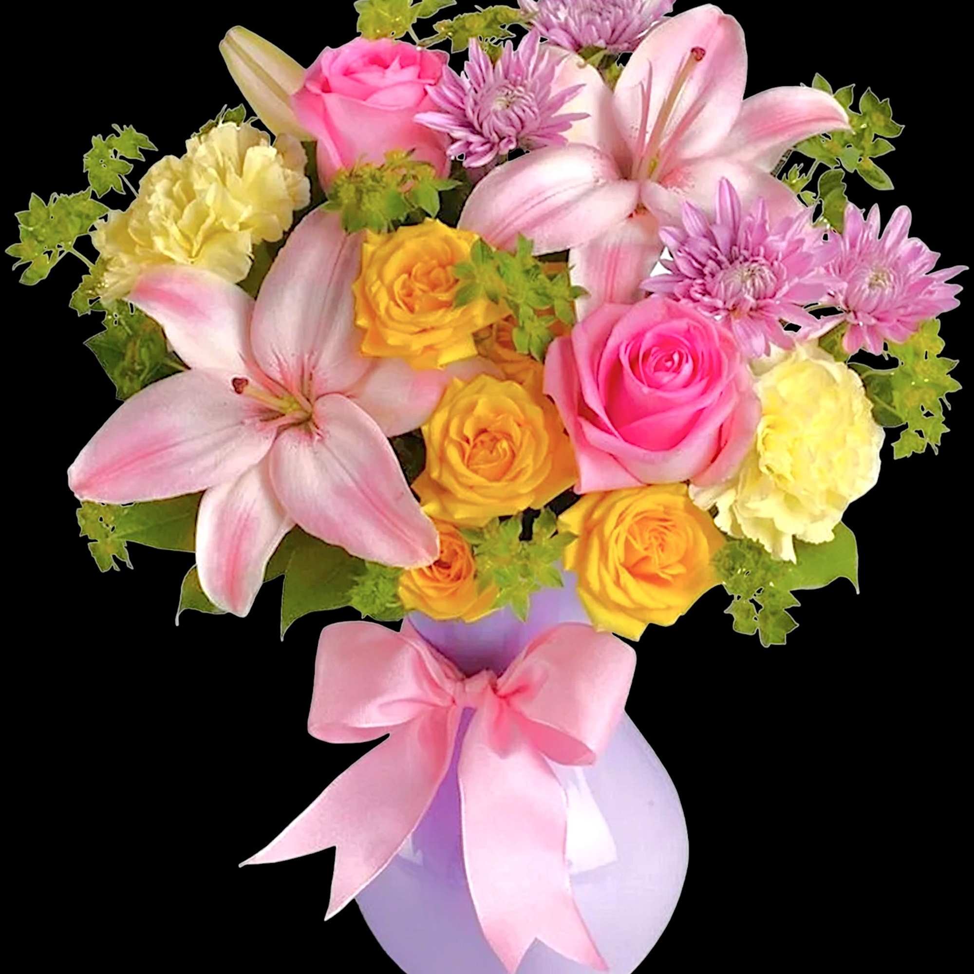 Pink and yellow mixed bouquet in a lavender vase with a pink ribbon, photo 4 of 5