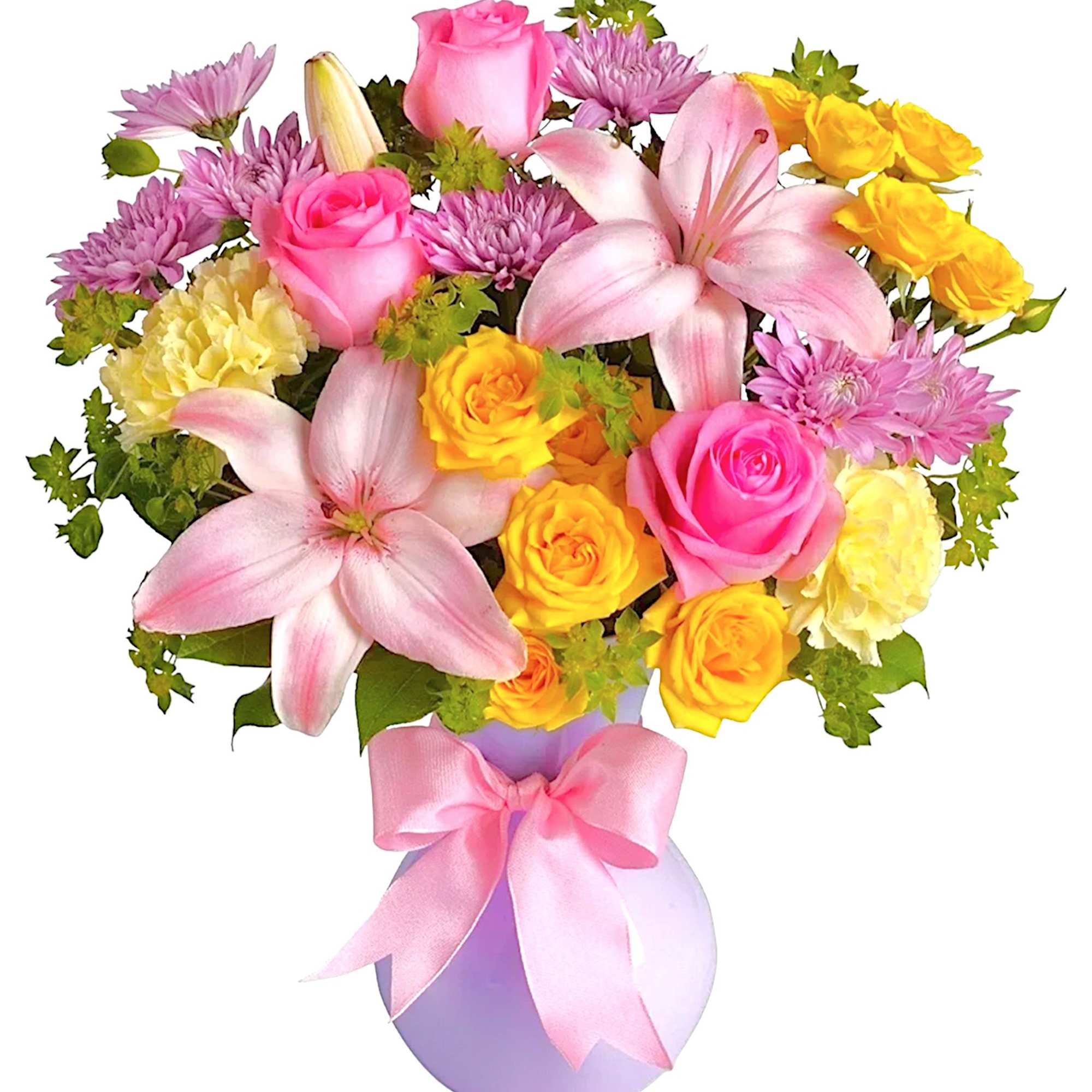 Pink and yellow mixed bouquet in a lavender vase with a pink ribbon