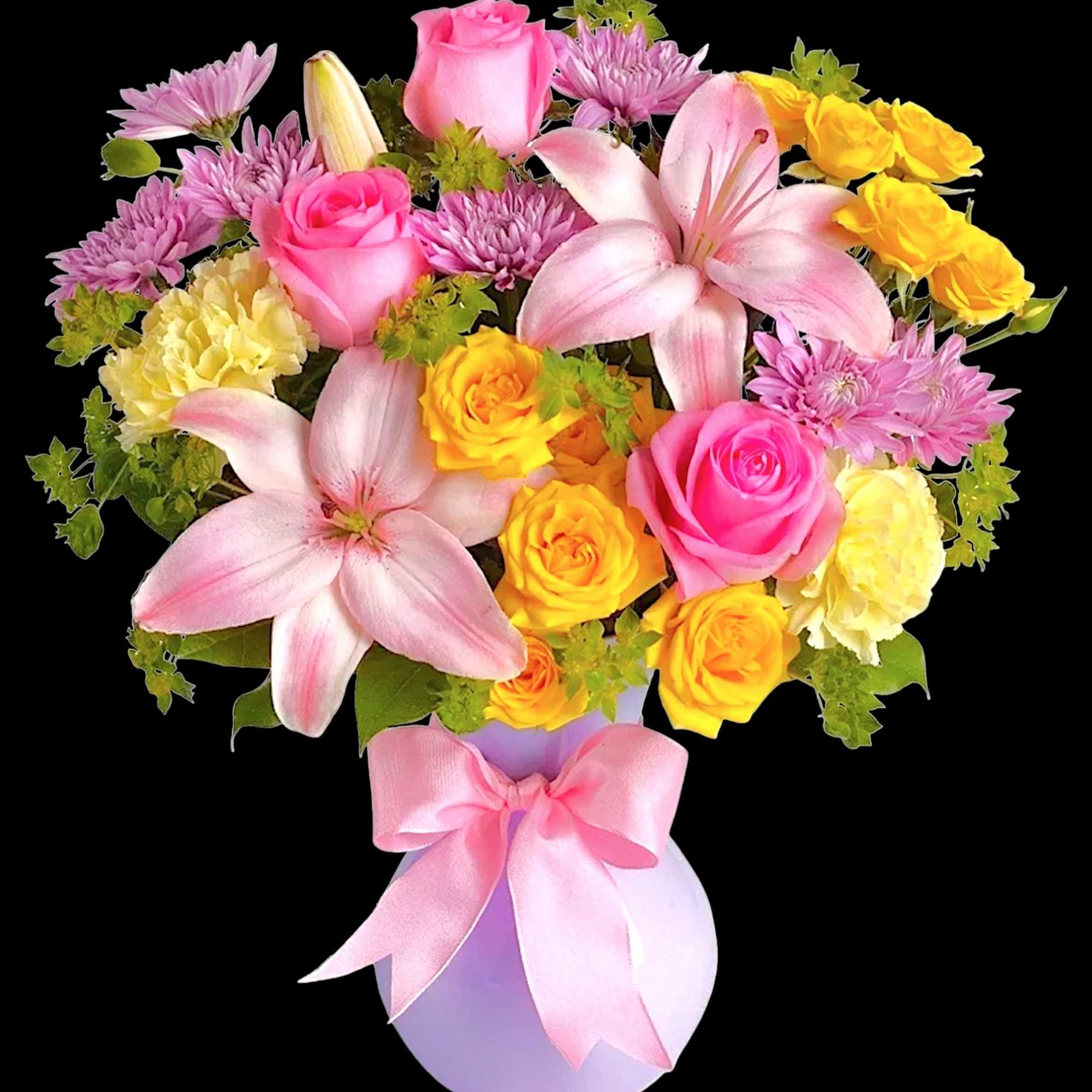 Pink and yellow mixed bouquet in a lavender vase with a pink ribbon, photo 4 of 5