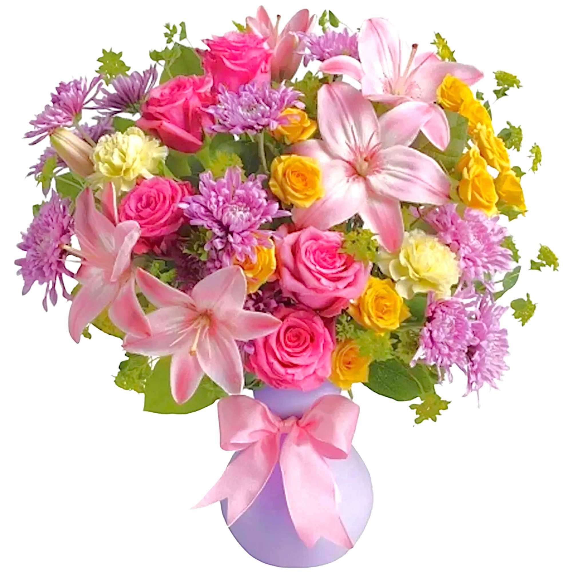 Bouquet of pink lilies, roses, and purple flowers in a lavender vase with a pink ribbon