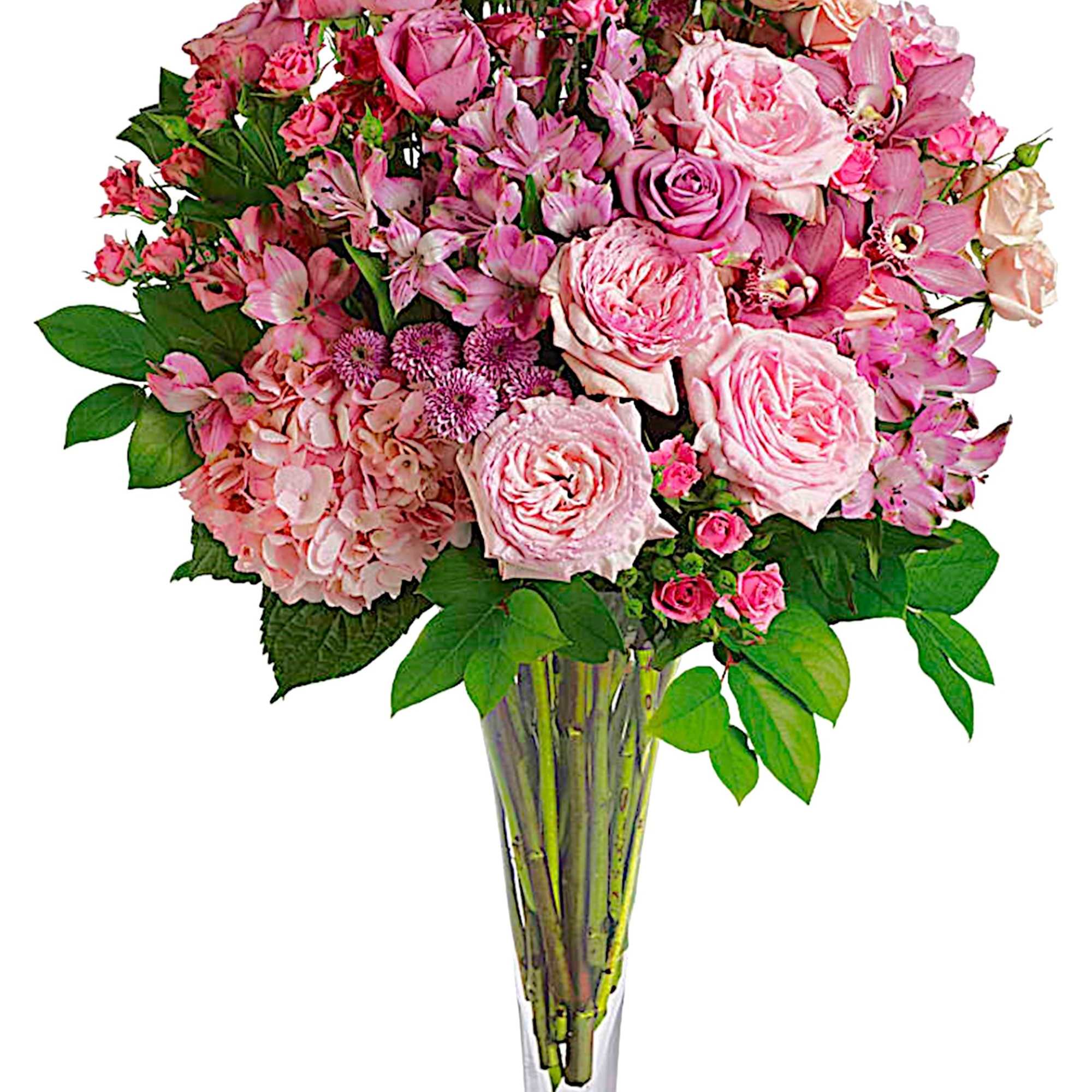 Pink rose and orchid bouquet in a clear glass vase