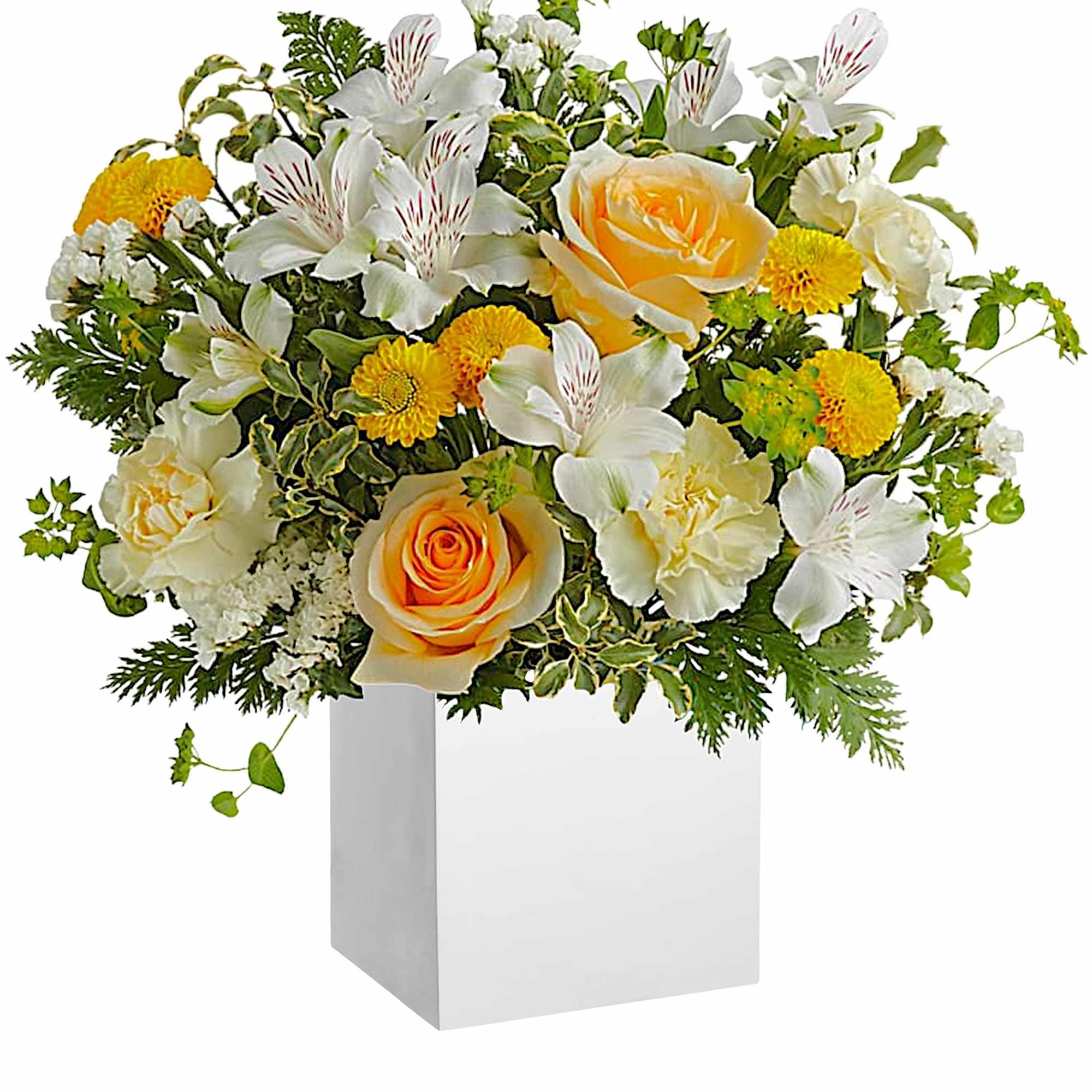 Bouquet of white alstroemeria and yellow roses in a white vase