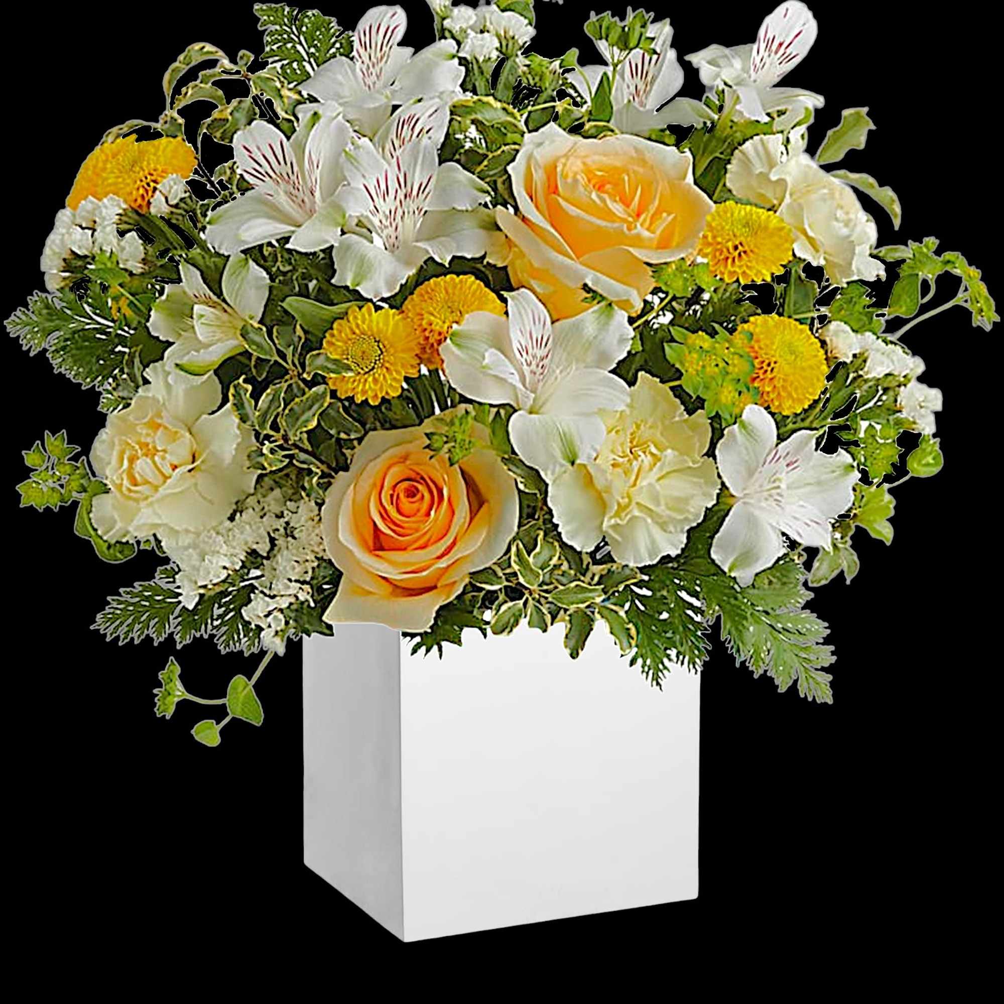 White and yellow floral arrangement in a white box vase, photo 3 of 4