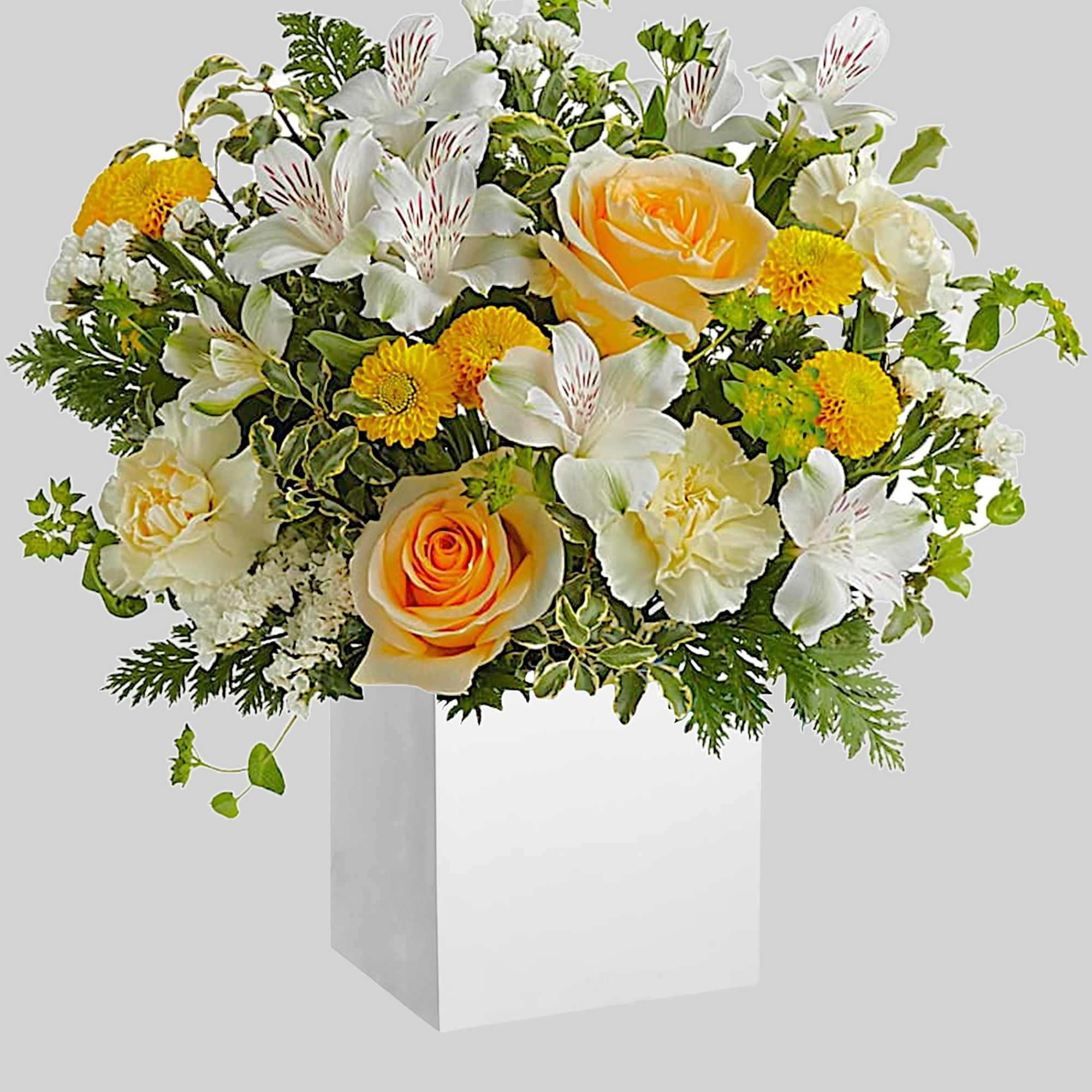 White and yellow floral arrangement in a white box vase, photo 4 of 4