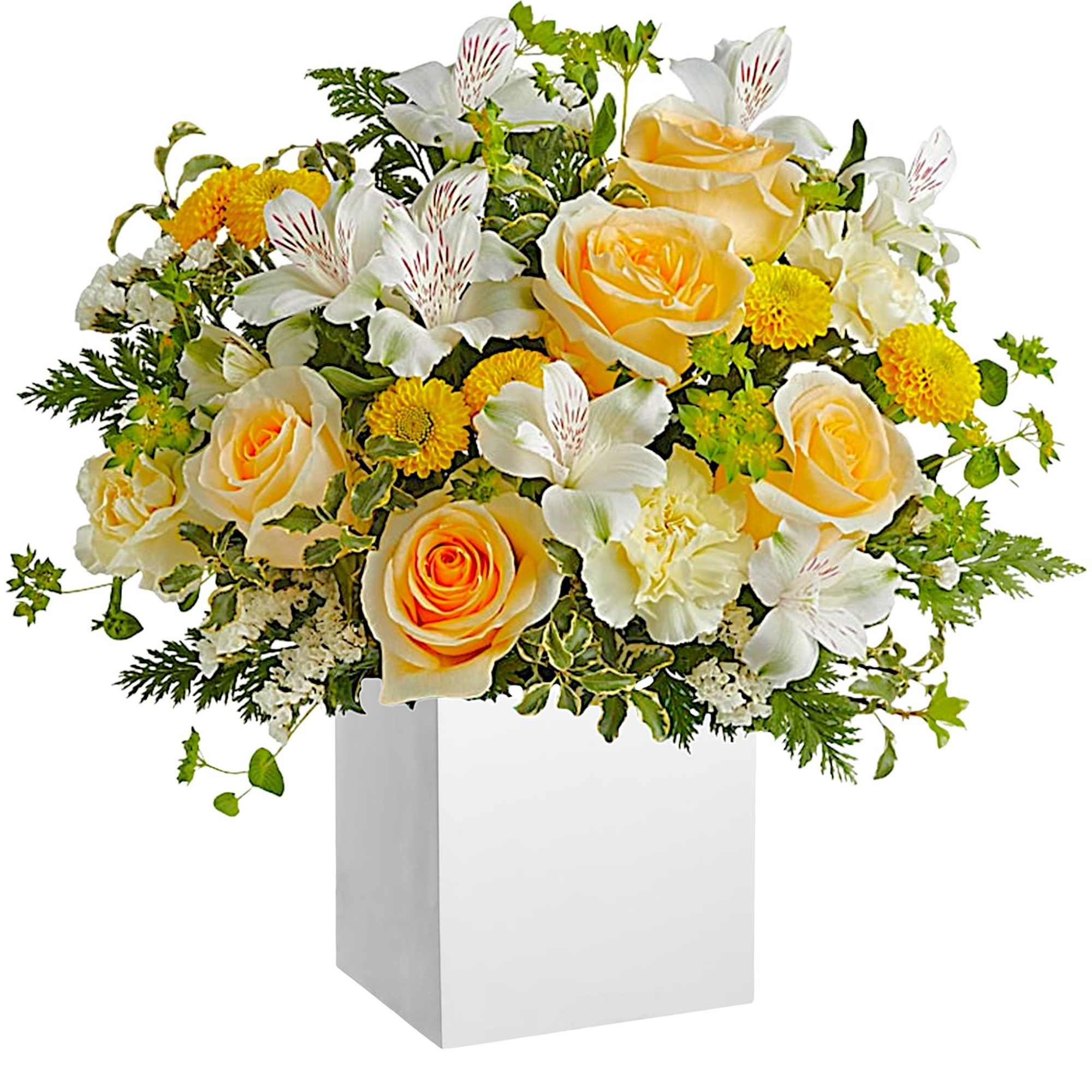 Yellow roses and white flowers arranged in a white box