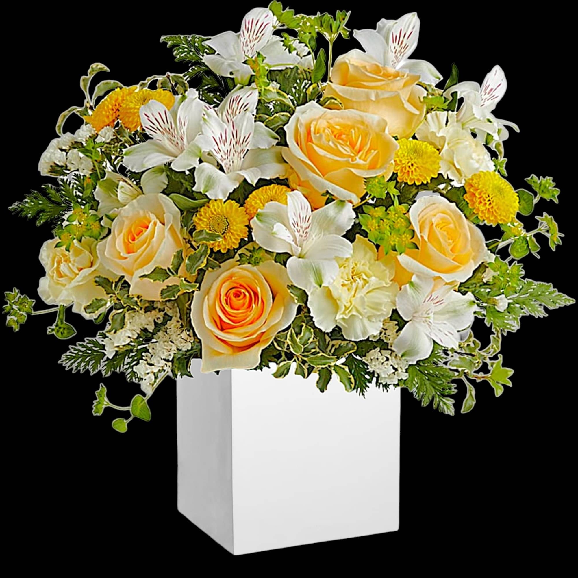 Yellow roses and white flowers arranged in a white box, photo 3 of 4