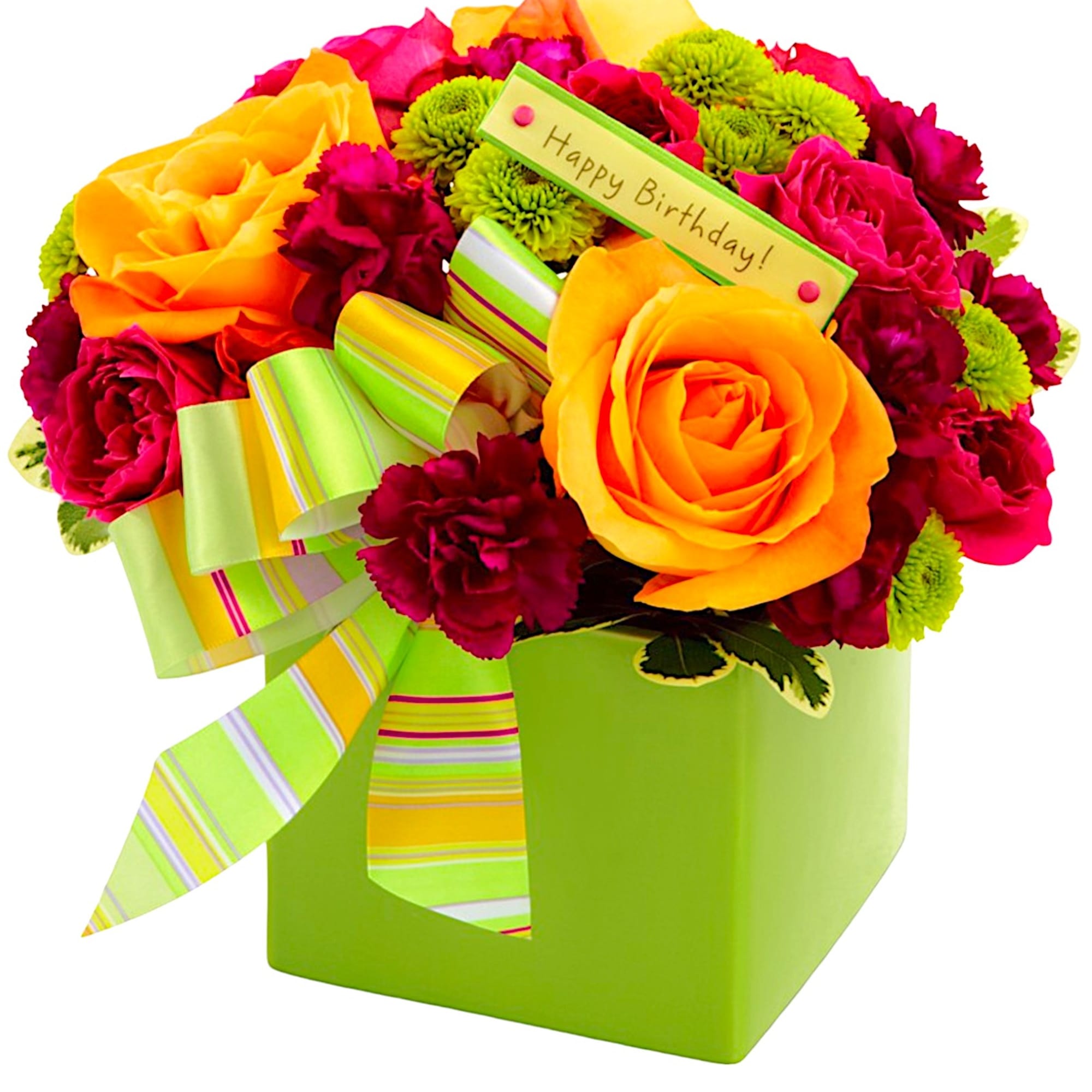 Bright bouquet of yellow and pink roses in a green box with a birthday tag