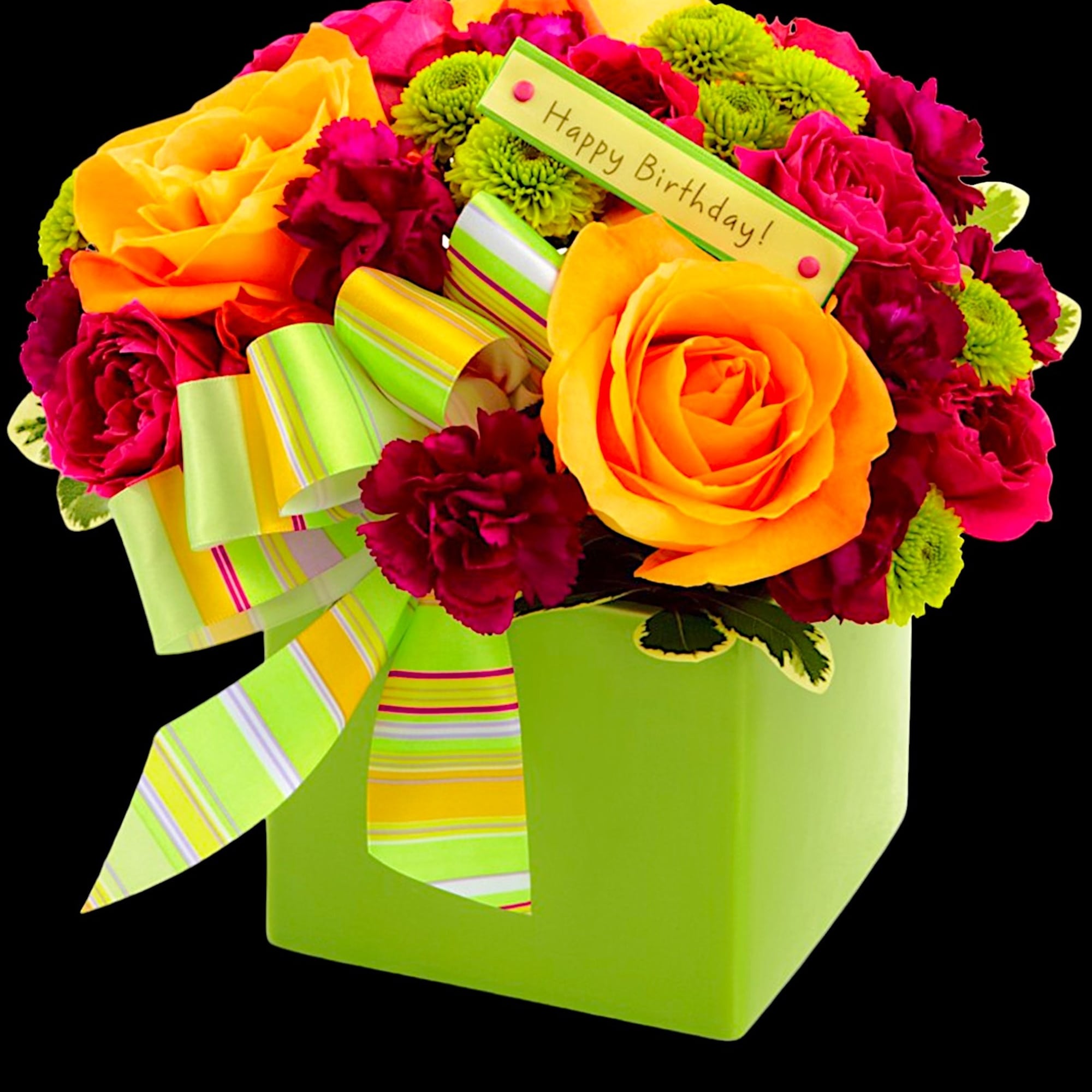 Bright bouquet of orange roses, pink carnations, and green mums in a lime gift box