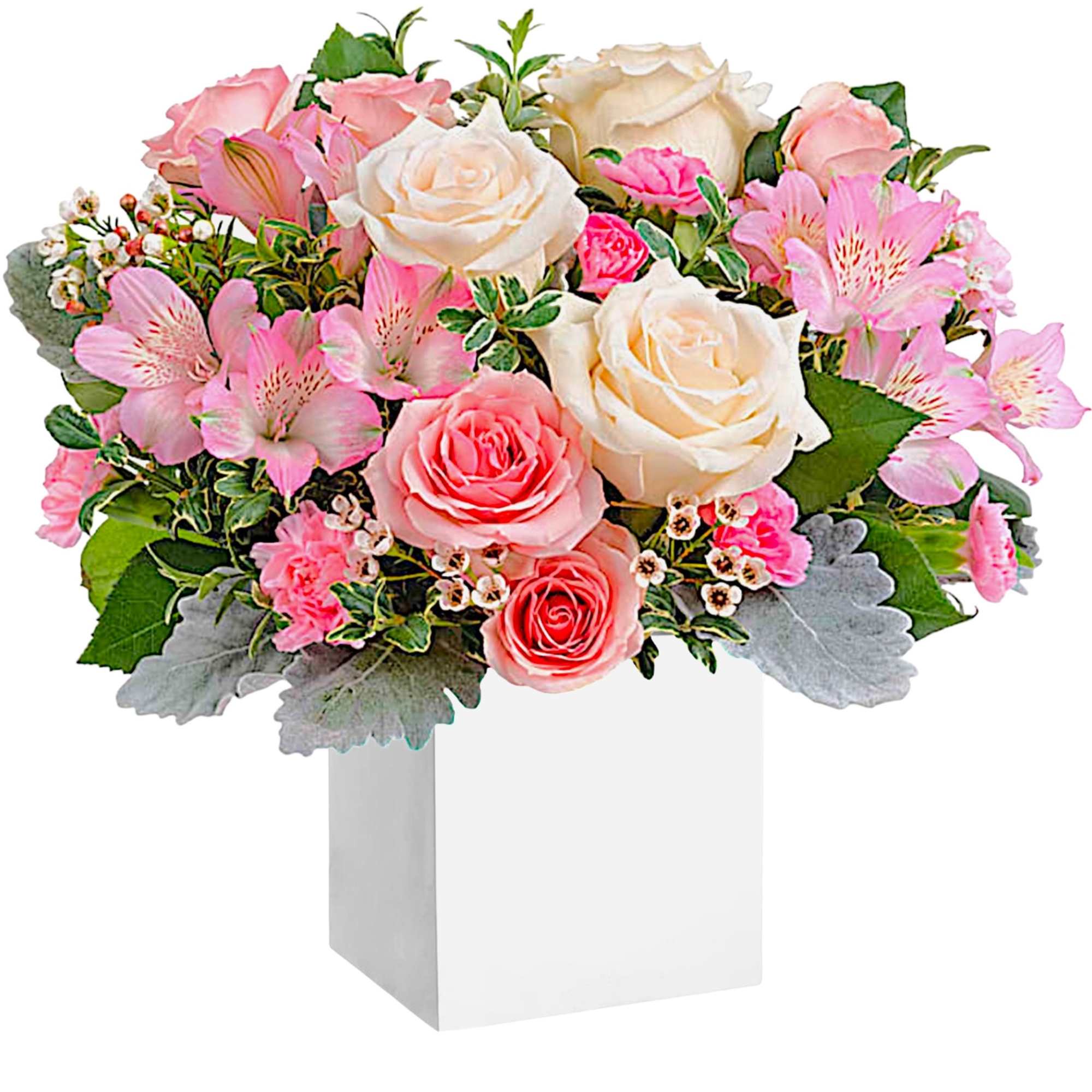 Pink and white rose bouquet in a white box vase