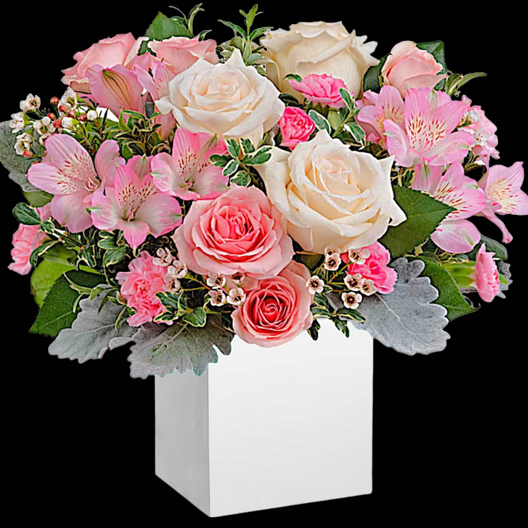 Pink and white rose bouquet in a white square vase