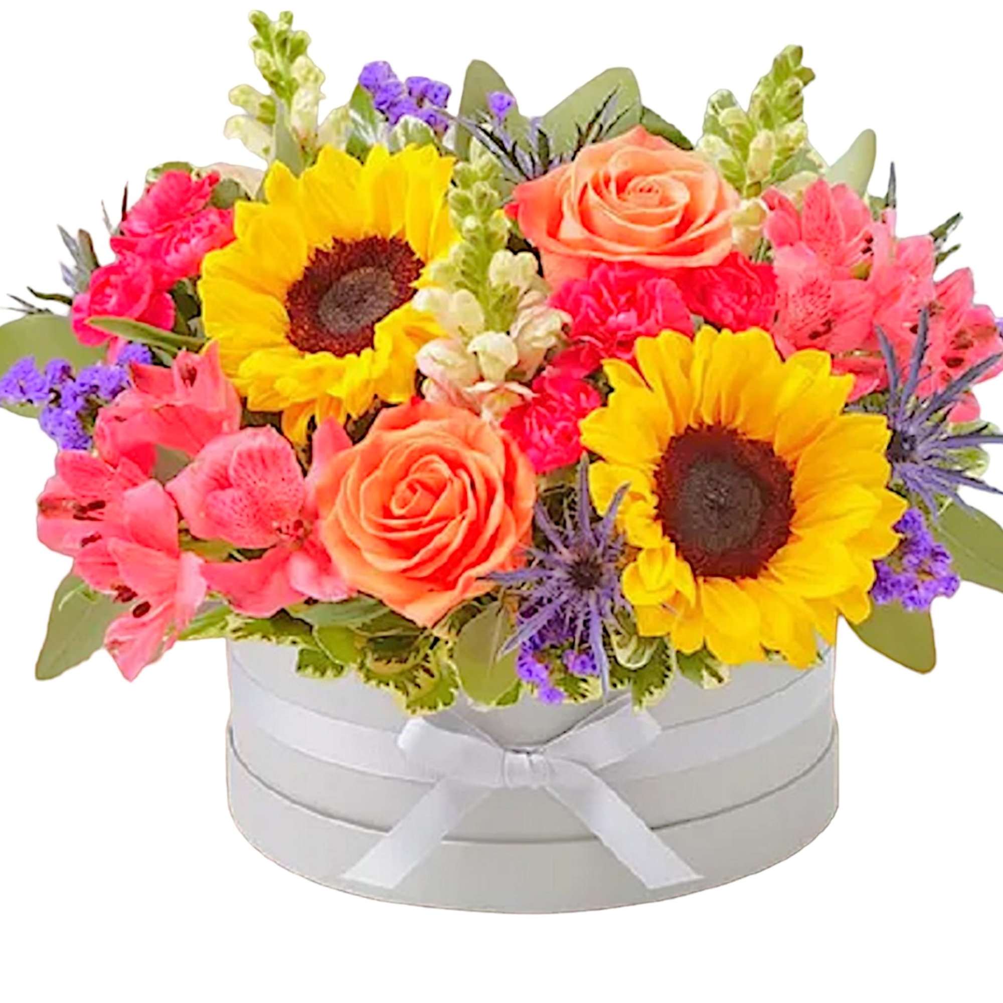 Bright mixed bouquet in a white round box with a ribbon
