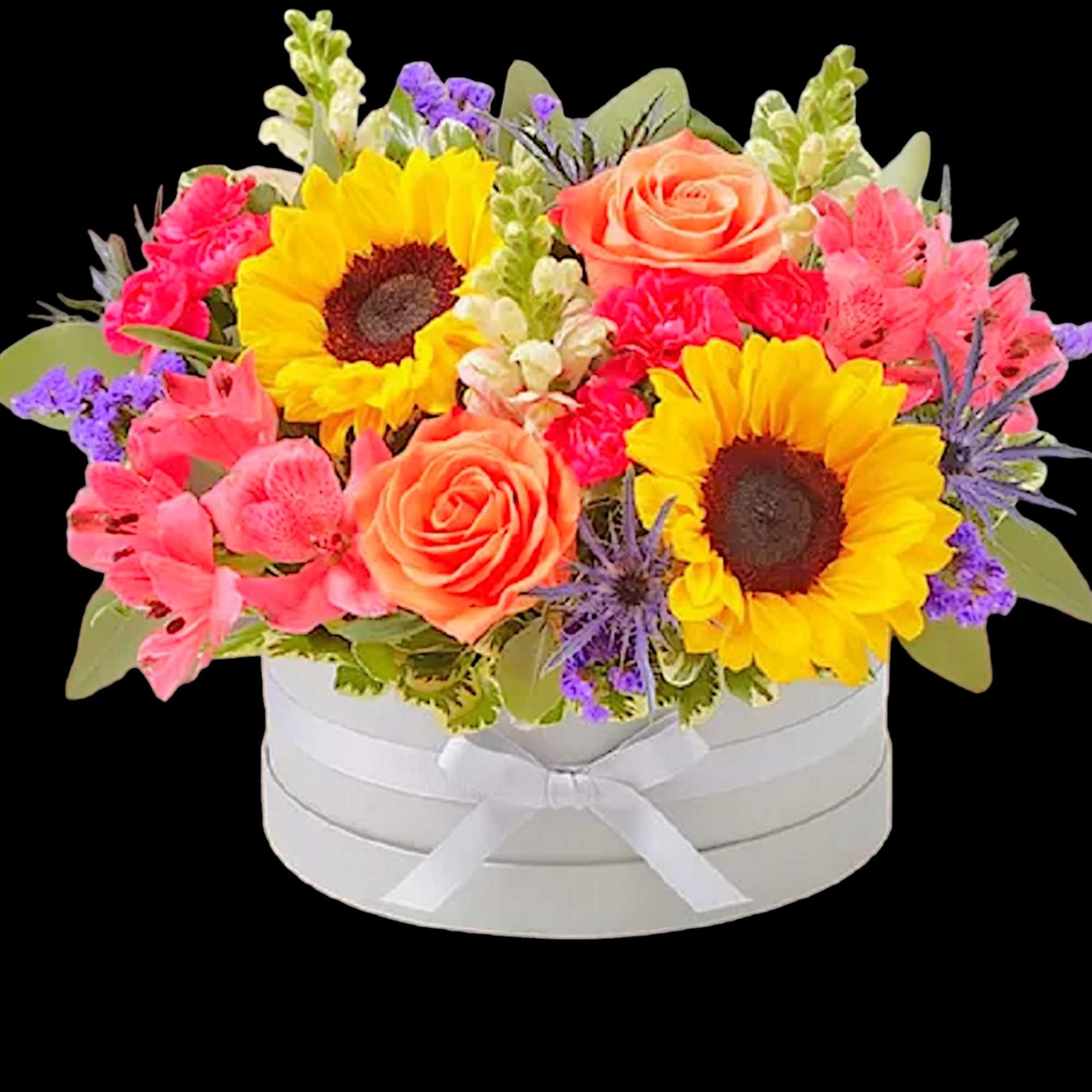Bright mixed bouquet in a white round box with a ribbon, photo 5 of 11