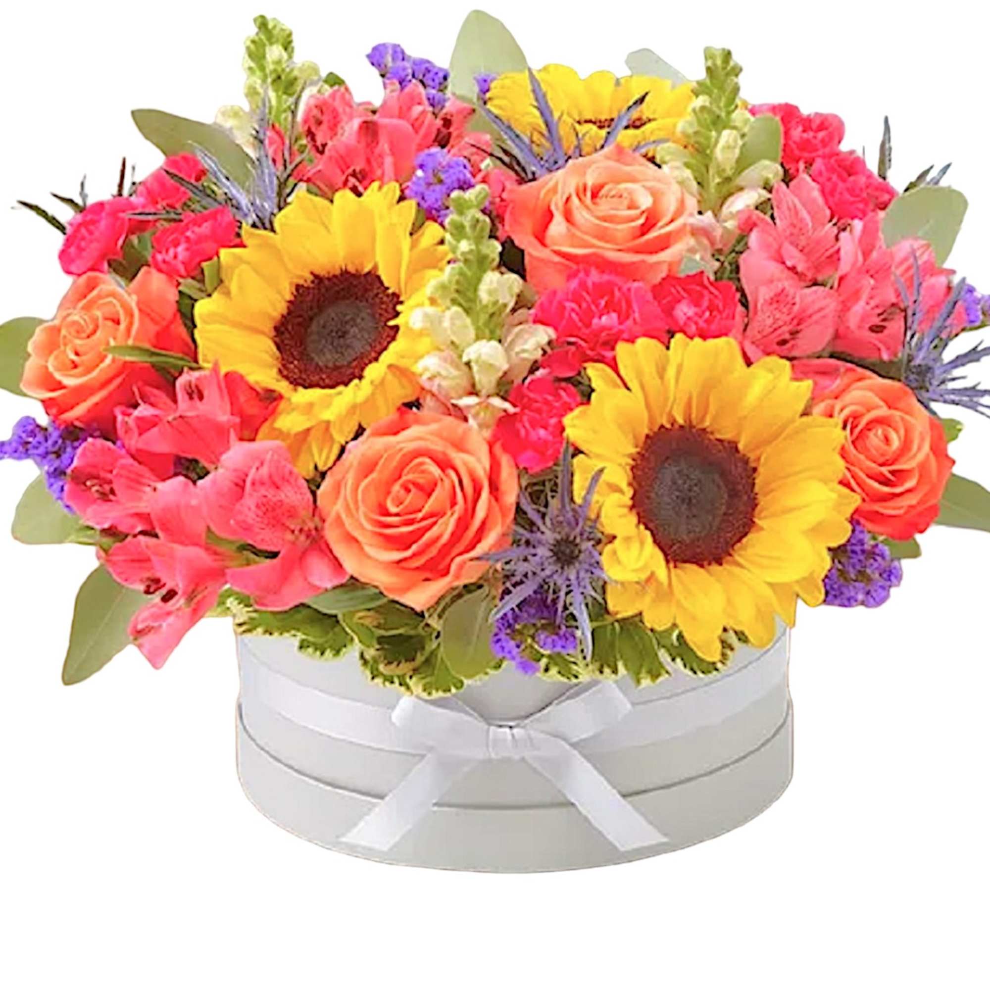 Bright mixed bouquet in a white round box with a ribbon, photo 7 of 11