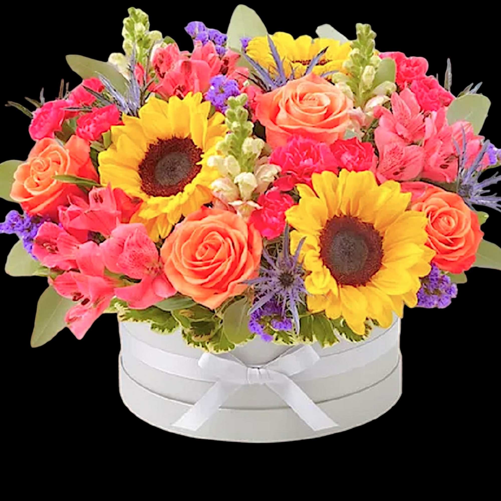 Bright mixed bouquet in a white round box with a ribbon, photo 10 of 11