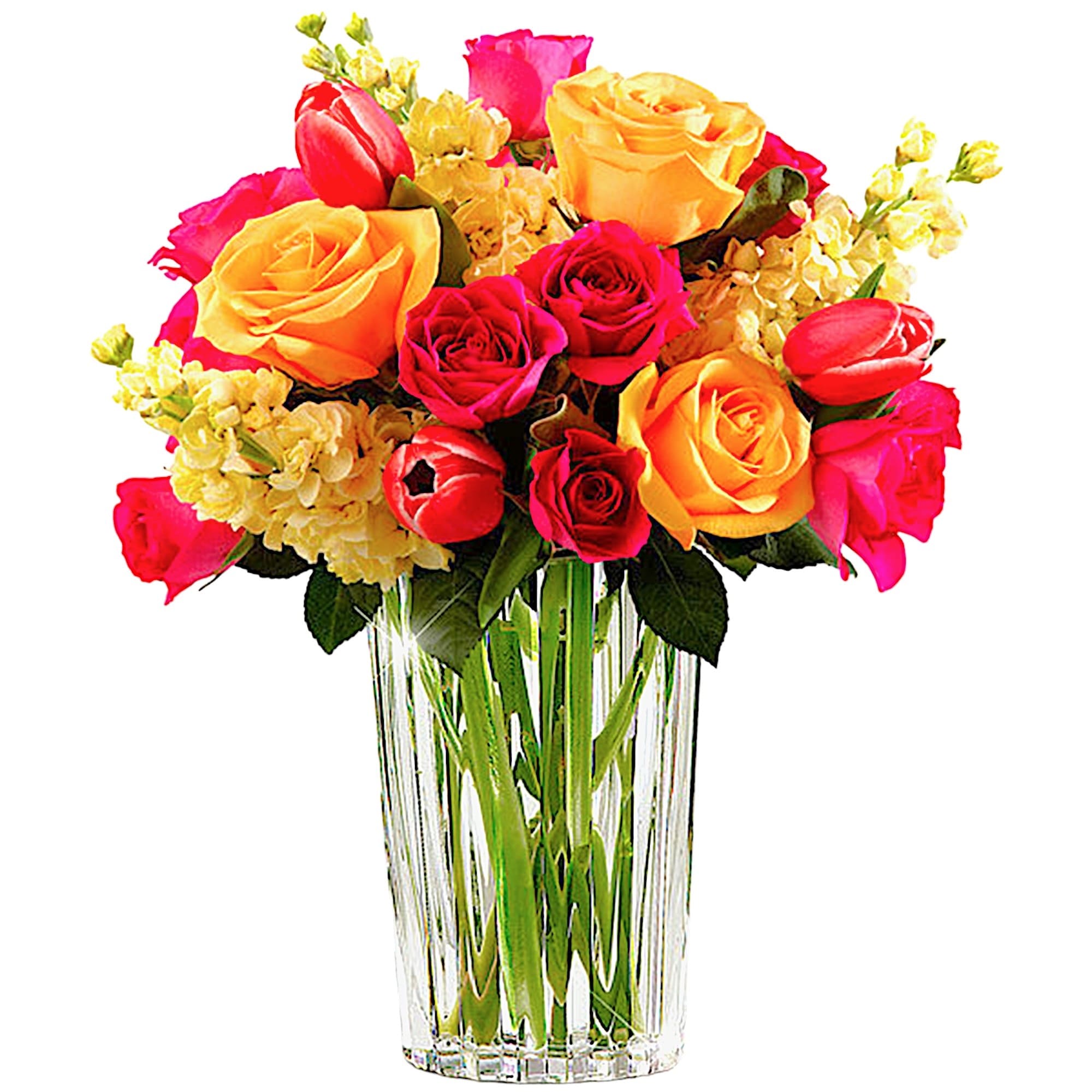 Bright mixed bouquet of roses and tulips in a clear glass vase, photo 2 of 5