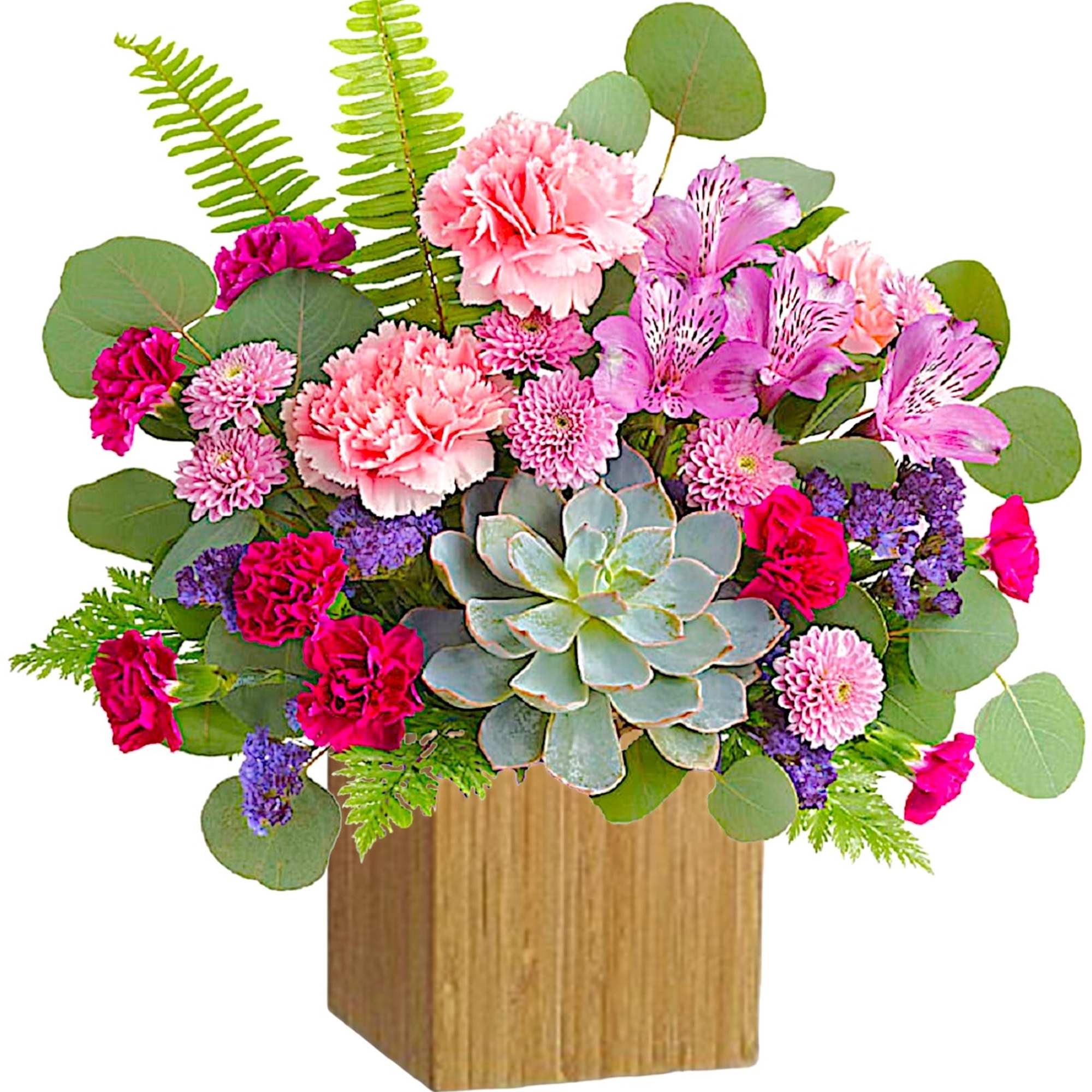 Pink and purple mixed bouquet with a succulent in a wooden box