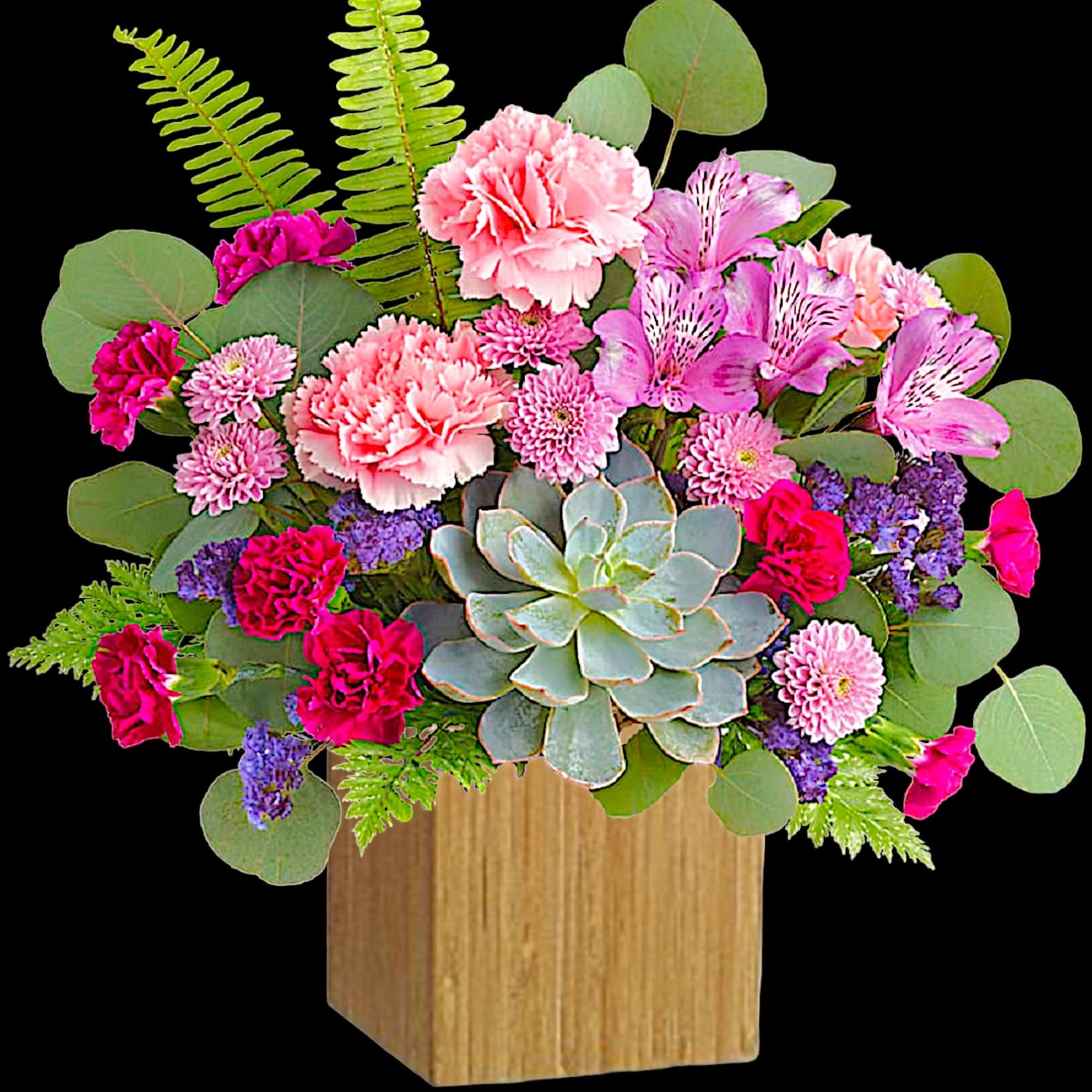 Mixed pink flowers and a succulent in a wooden box