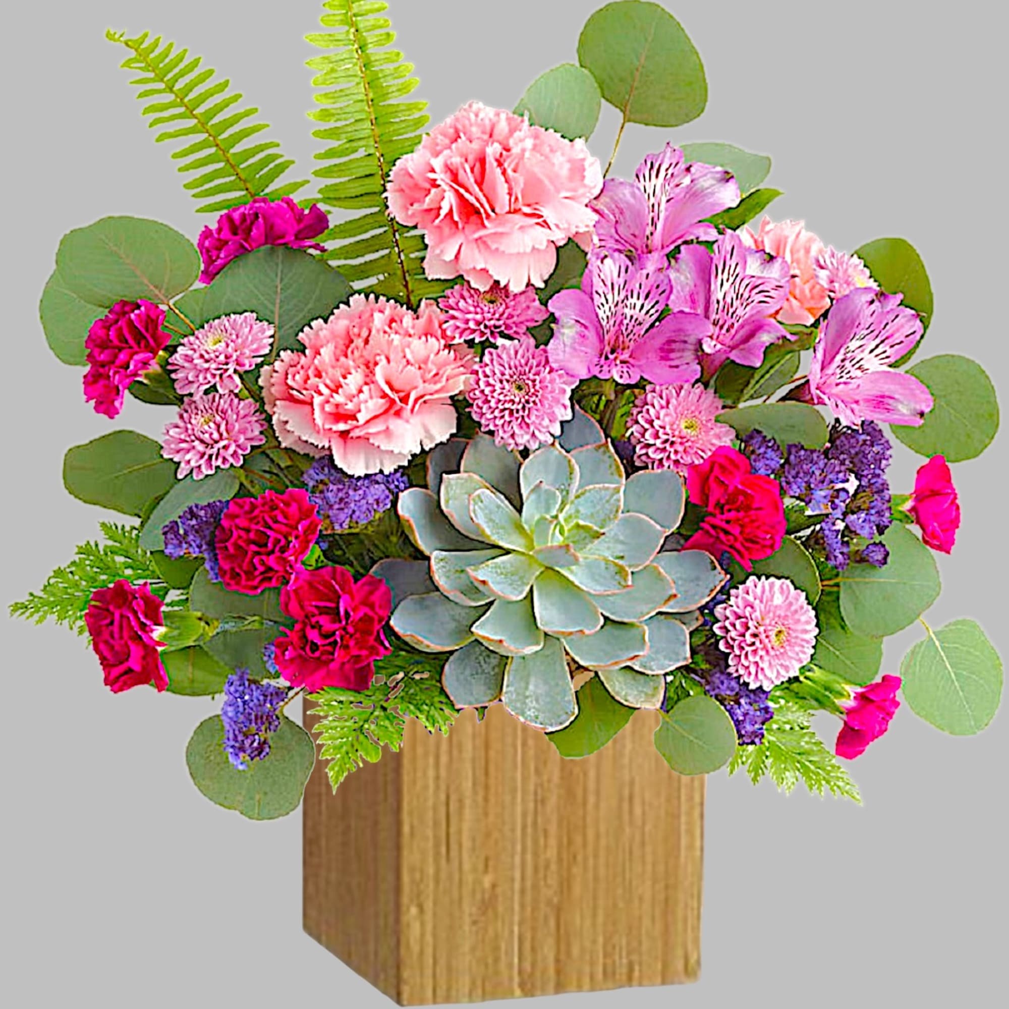 Pink and purple mixed bouquet with a succulent in a wooden box, photo 4 of 4