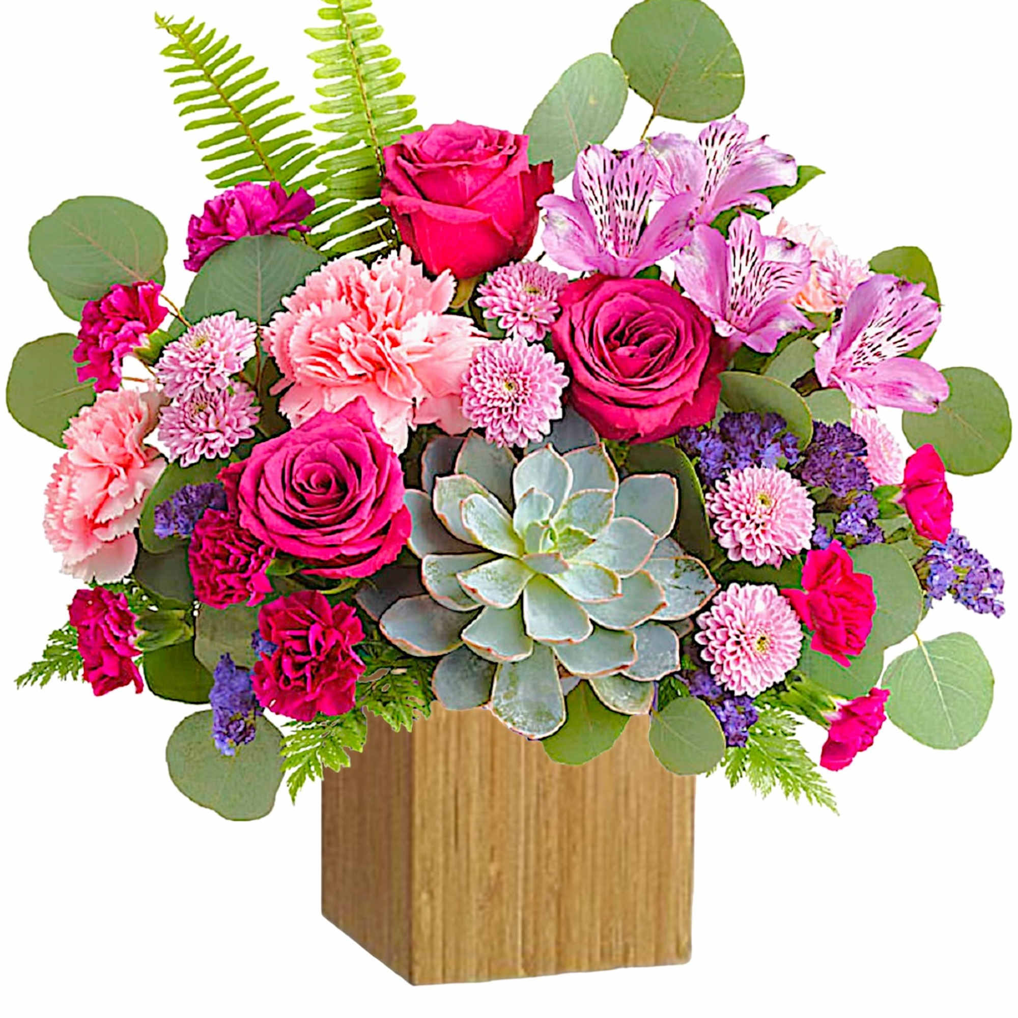 Pink roses and carnations in a wooden box with a succulent centerpiece