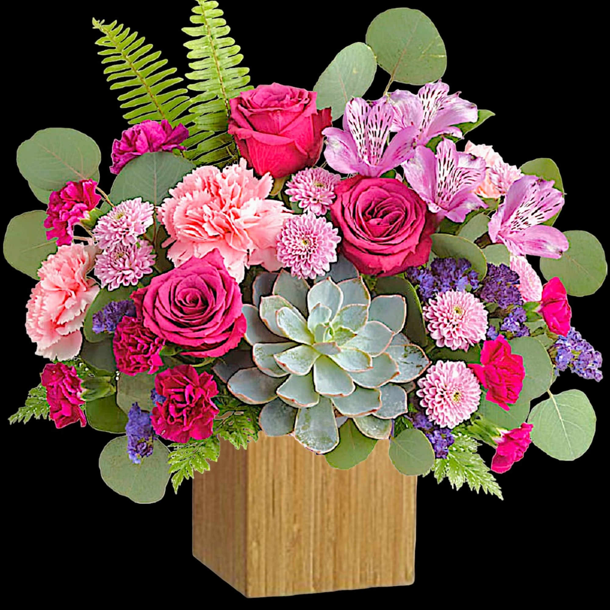 Pink roses and carnations with a succulent in a wooden box