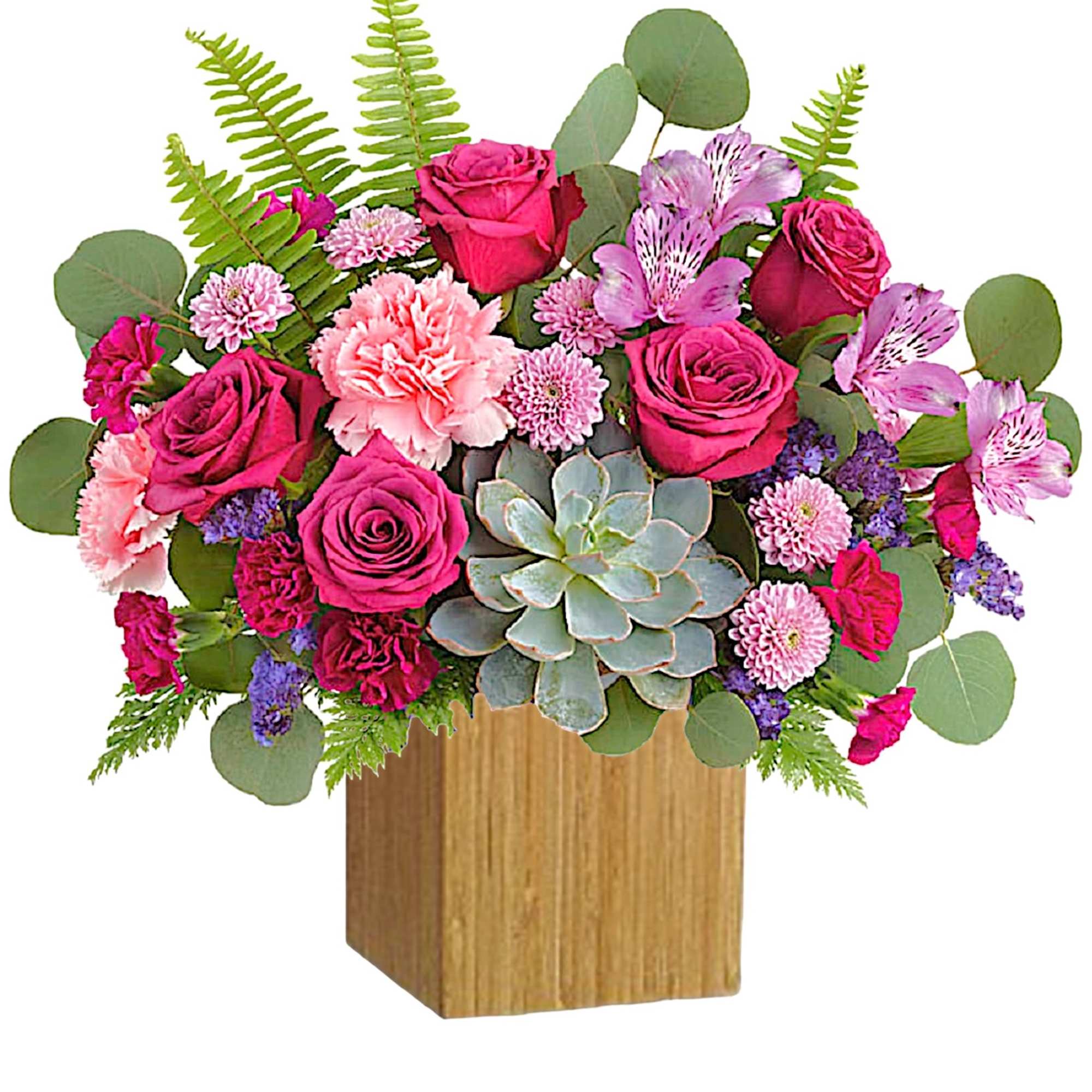 Pink roses and carnations in a wooden cube vase with a succulent centerpiece