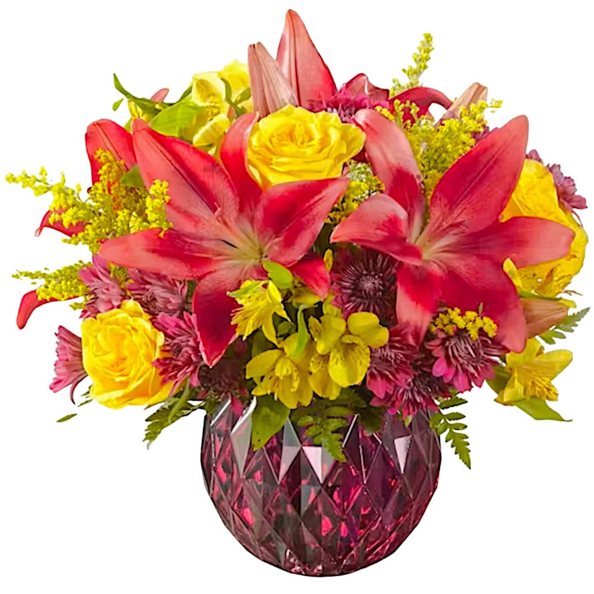 Bouquet of pink lilies and yellow roses in a faceted pink vase