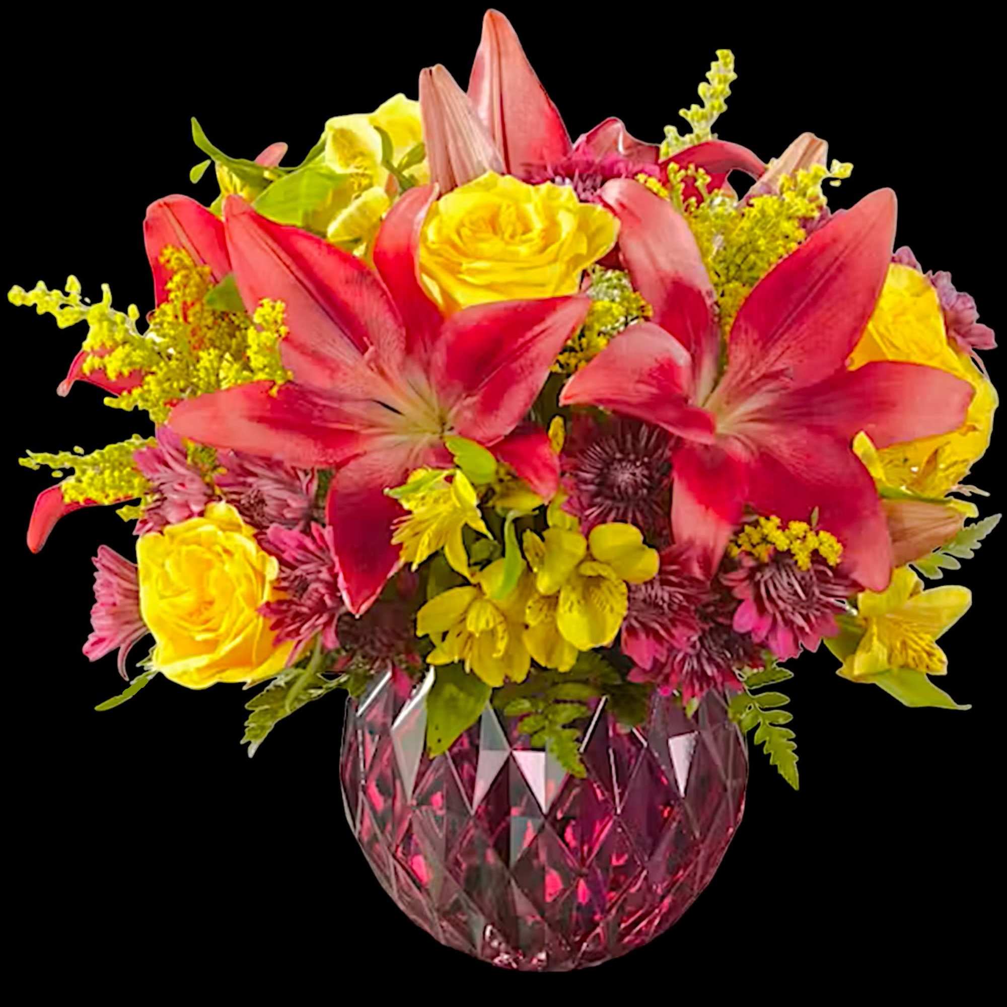Bouquet of pink lilies and yellow roses in a pink glass vase