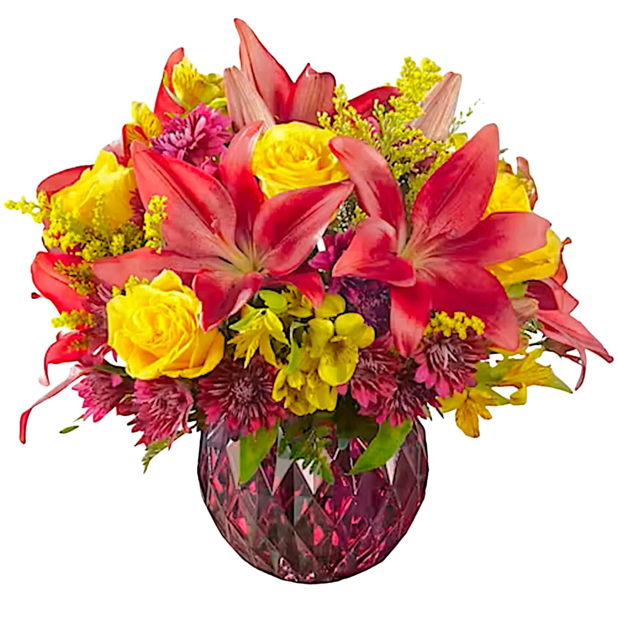 Bouquet of pink lilies and yellow roses in a pink glass vase