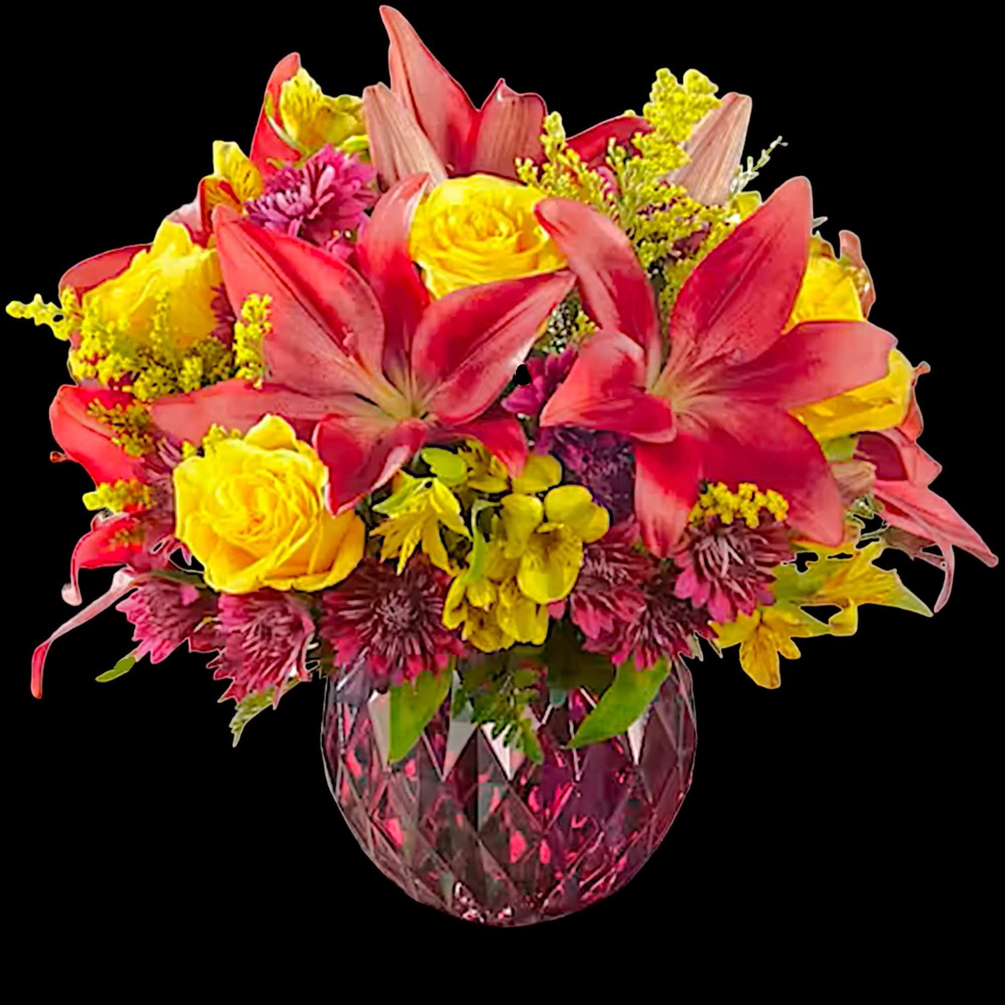 Bright mixed bouquet in a pink glass vase, photo 4 of 5