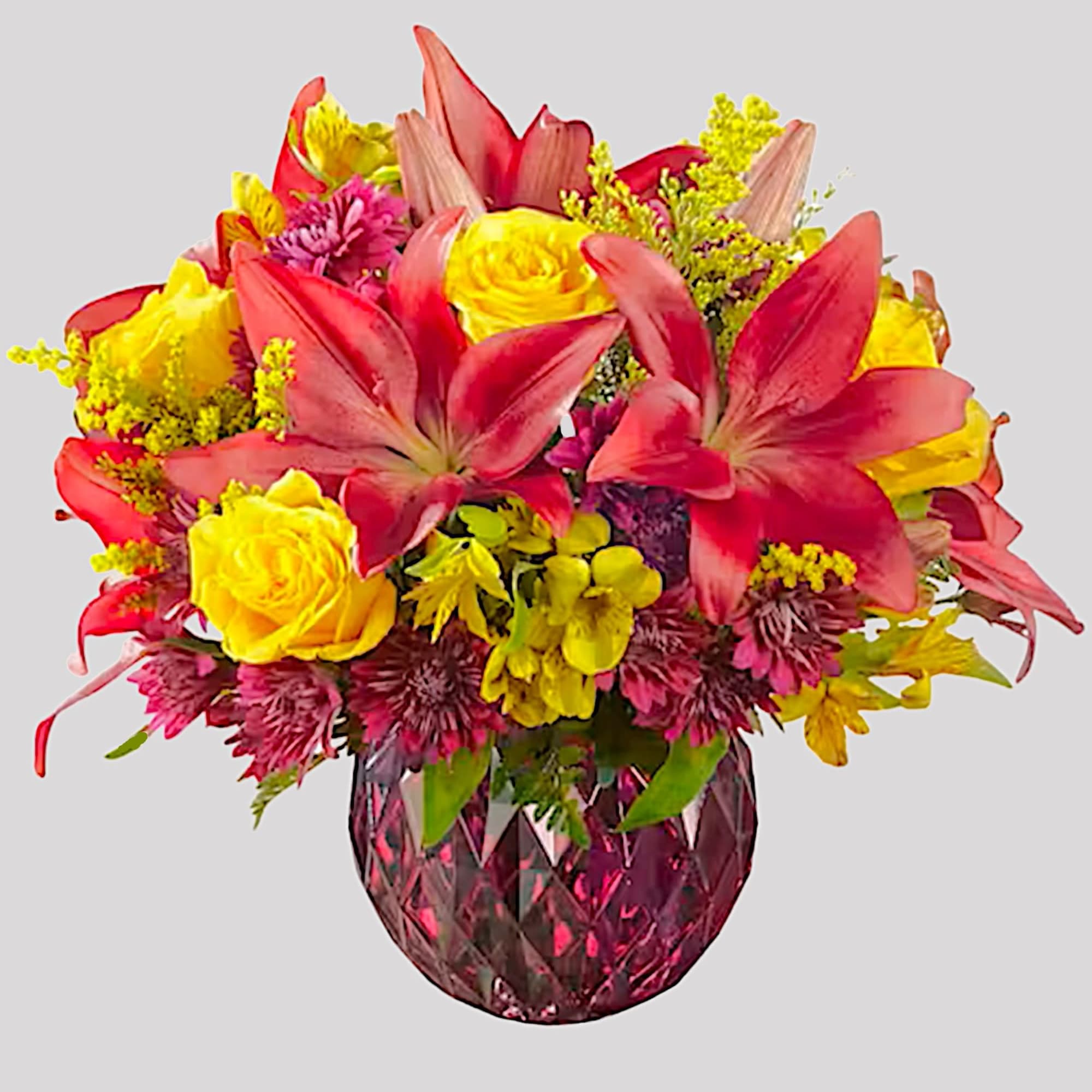 Bouquet of pink lilies and yellow roses in a pink glass vase, photo 5 of 5