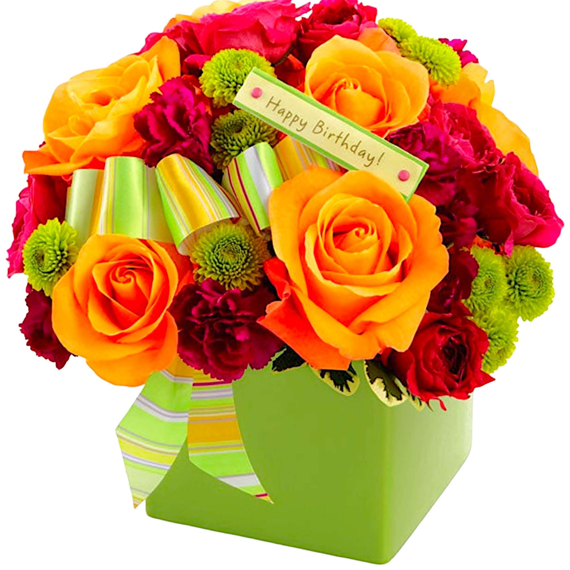 Bright mixed flower arrangement in a green box with a birthday tag