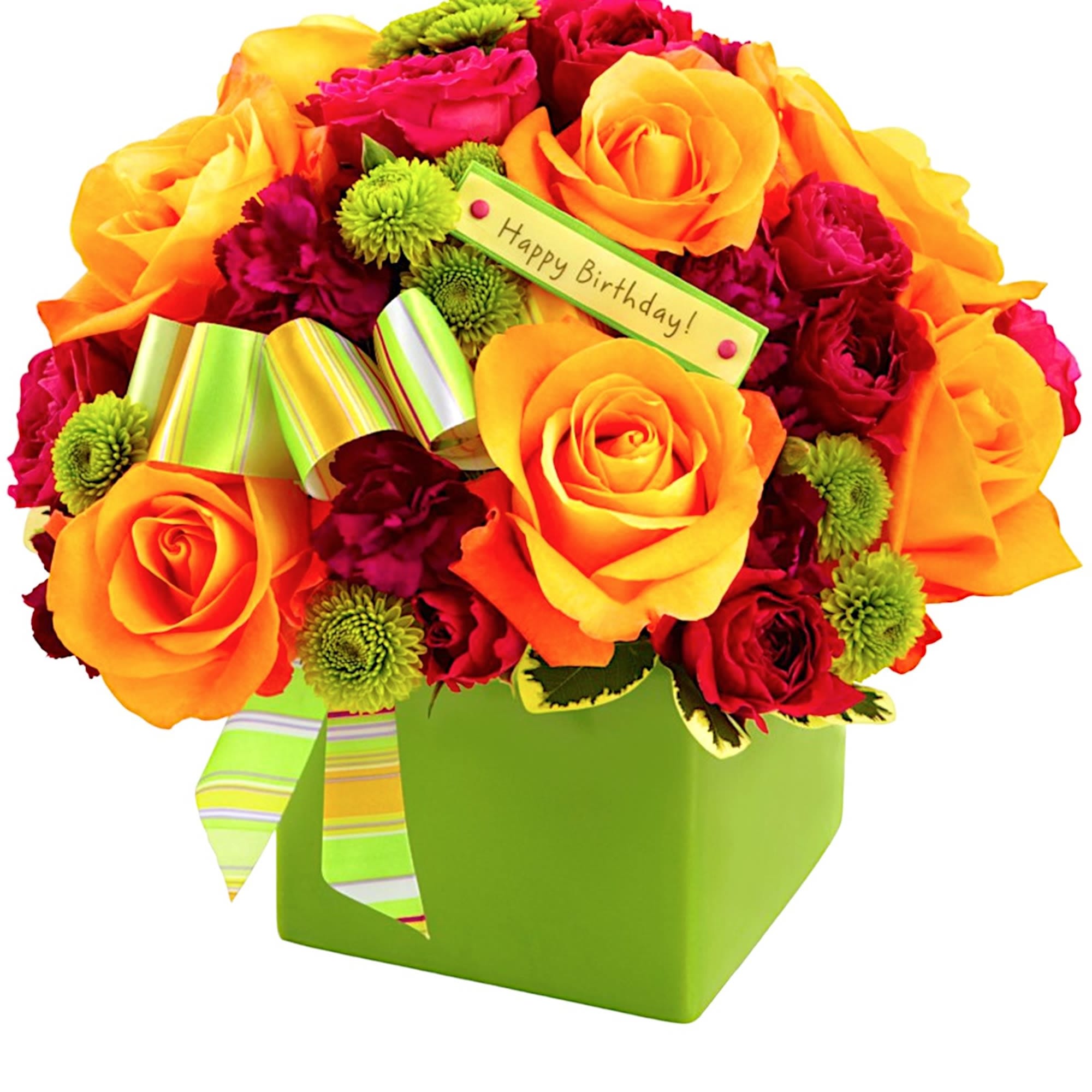 Bright bouquet of orange and red roses in a green box with a birthday tag
