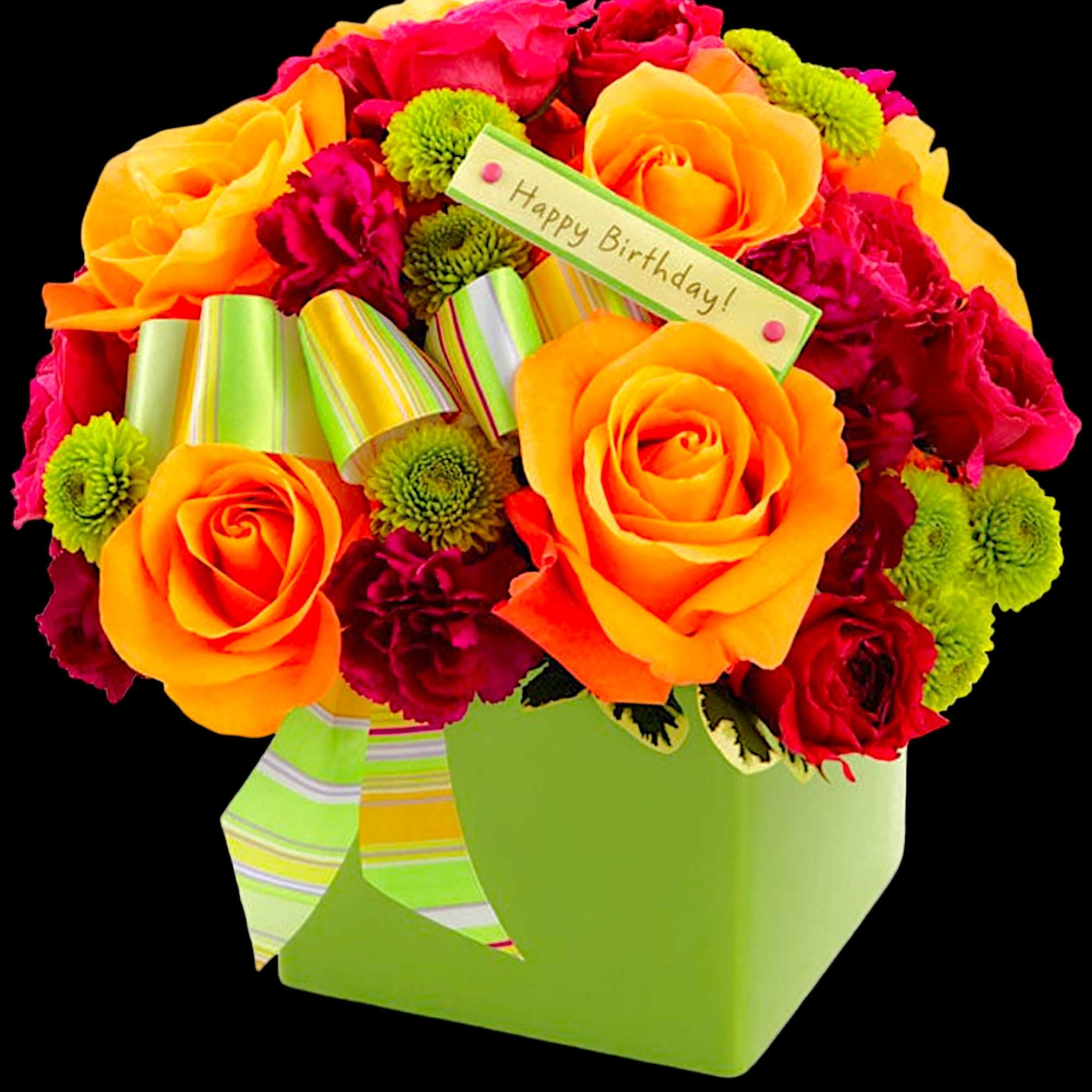 Bright mixed bouquet in a green box with a Happy Birthday tag