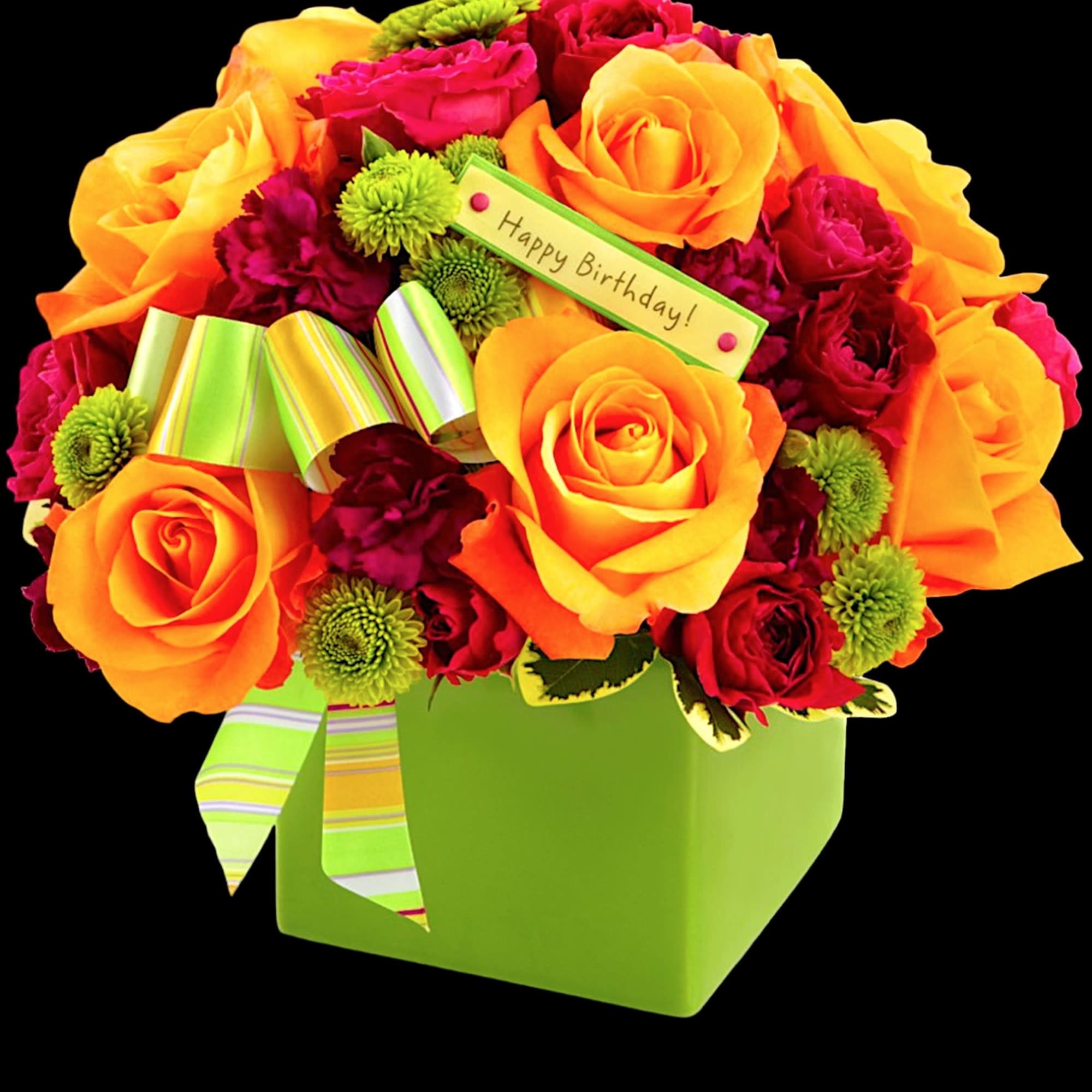 Bouquet of orange and pink roses in a green box with a birthday tag, photo 3 of 4