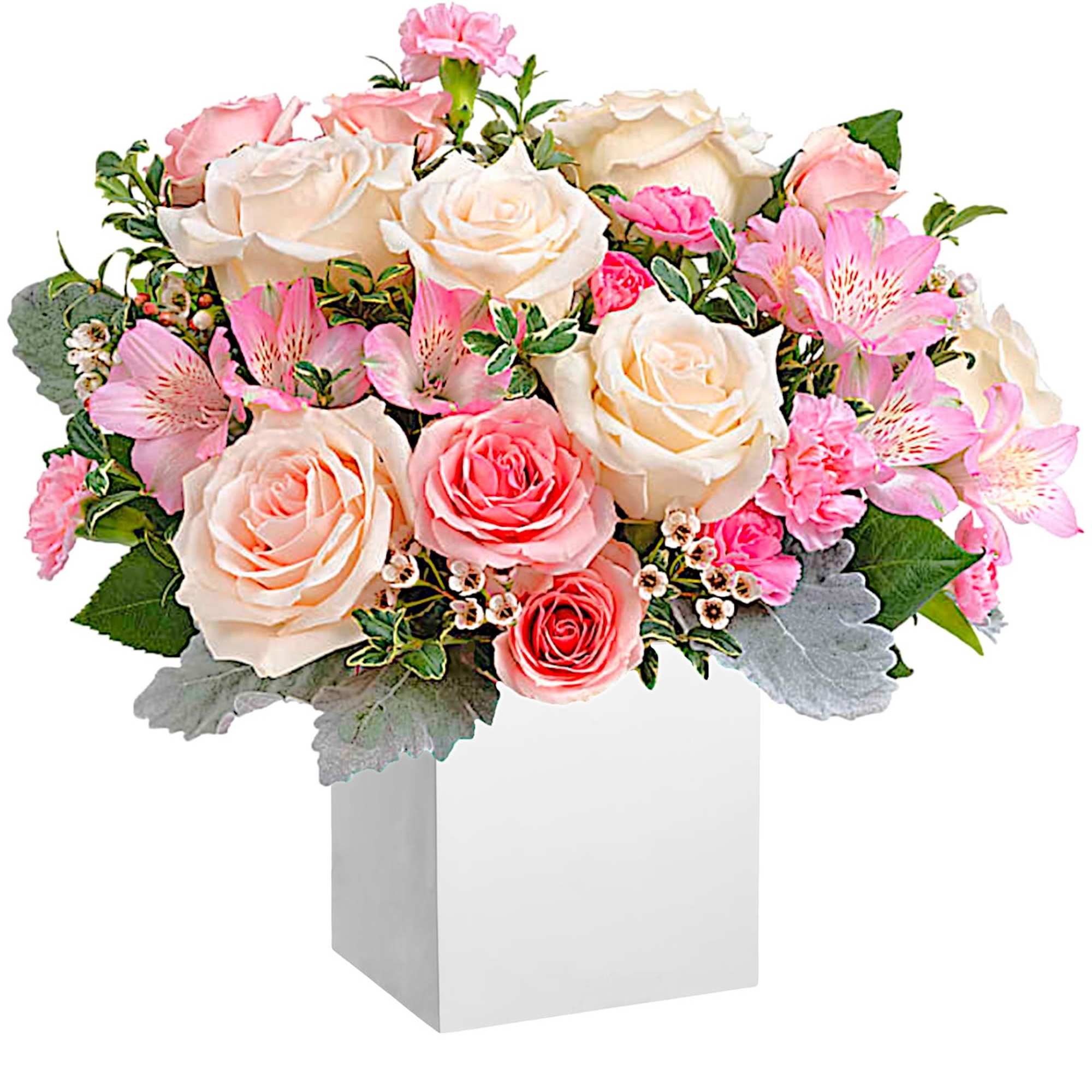 Pink and cream rose bouquet in a white box vase