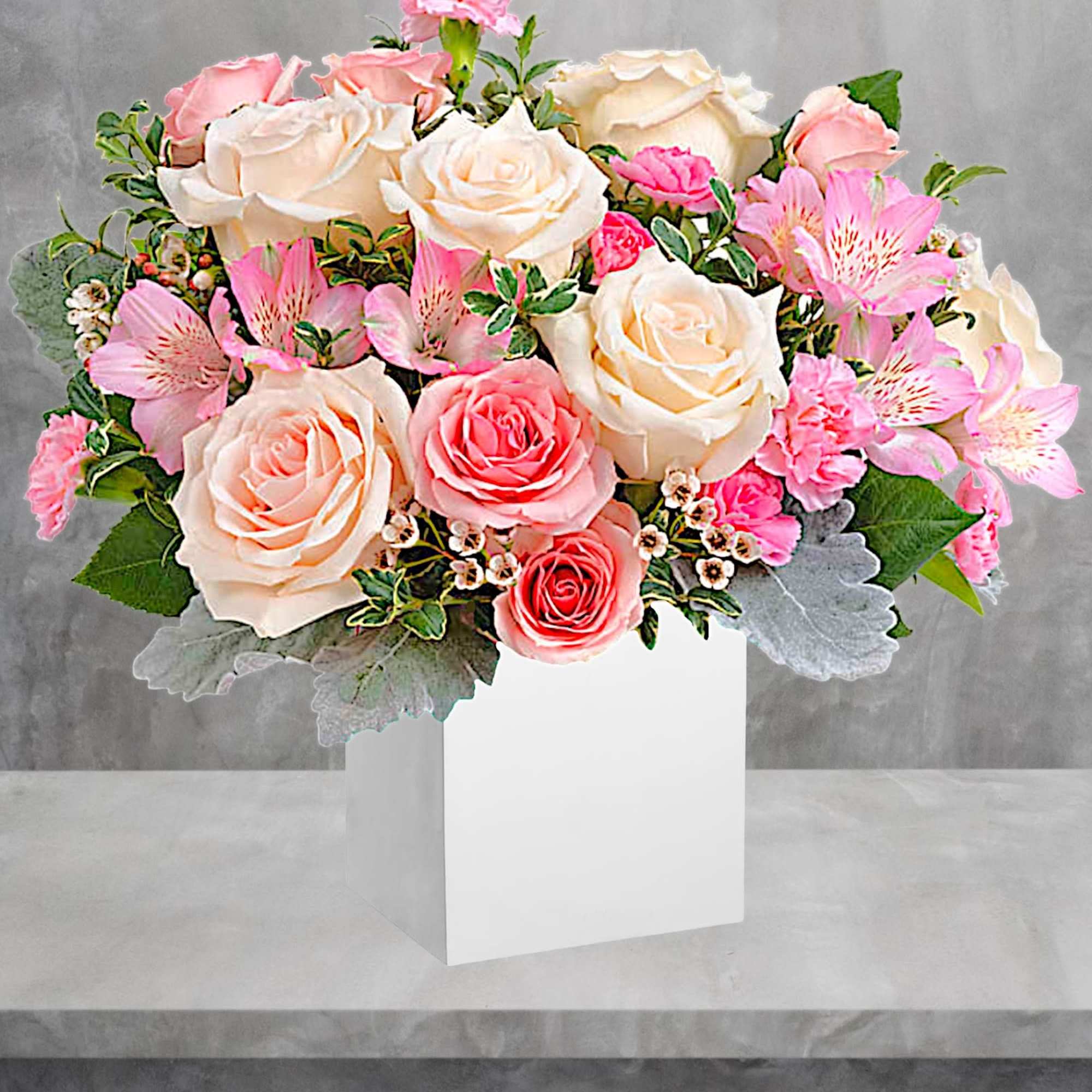 Pink and cream rose bouquet in a white box vase, photo 2 of 4