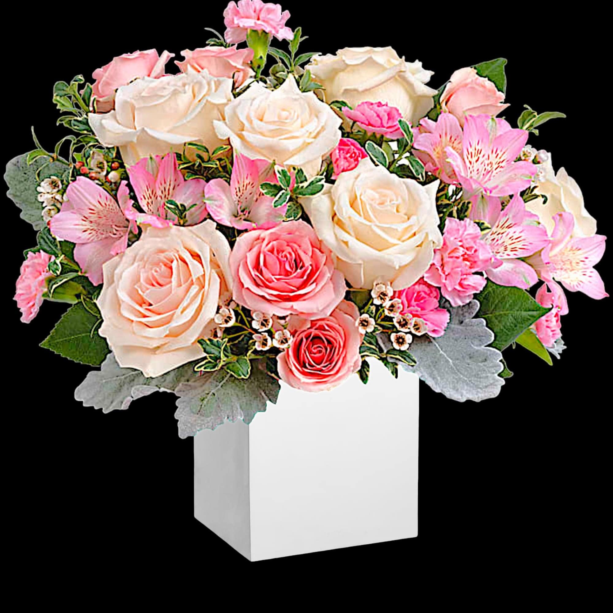 Pink and cream rose bouquet in a white box vase, photo 3 of 4