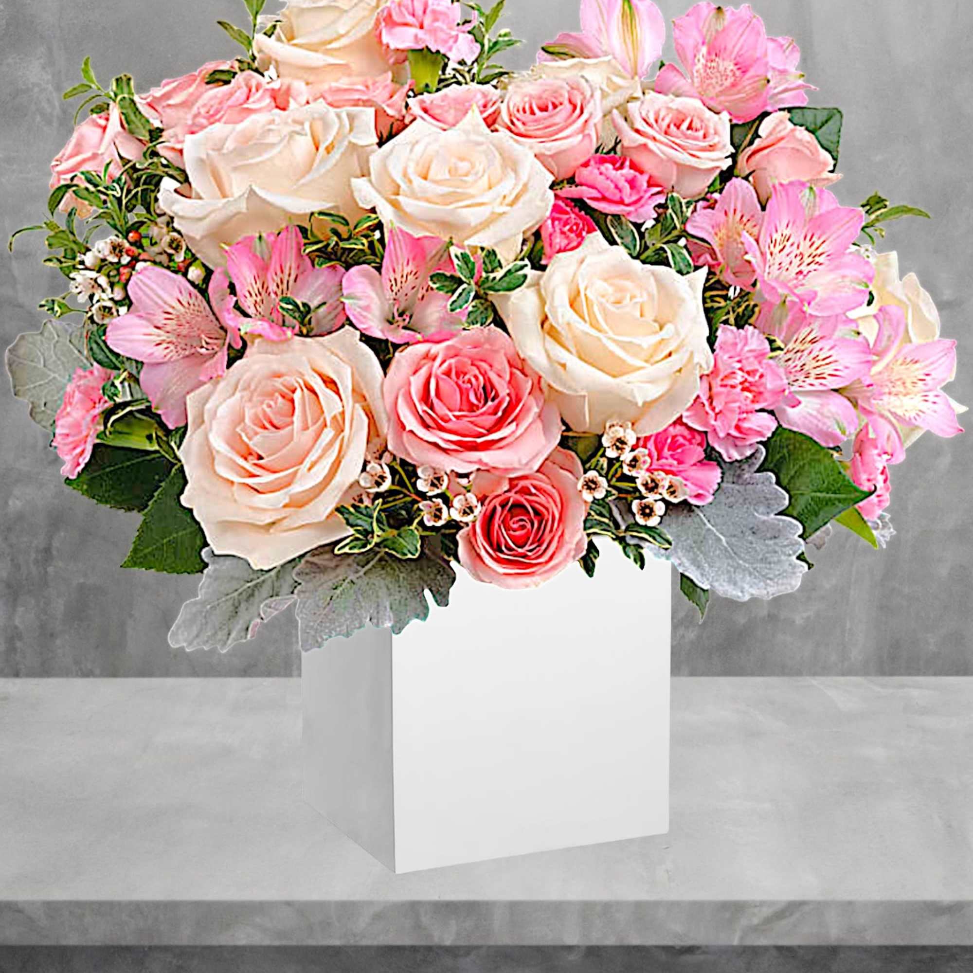 Pink and cream roses with pink alstroemeria in a white vase