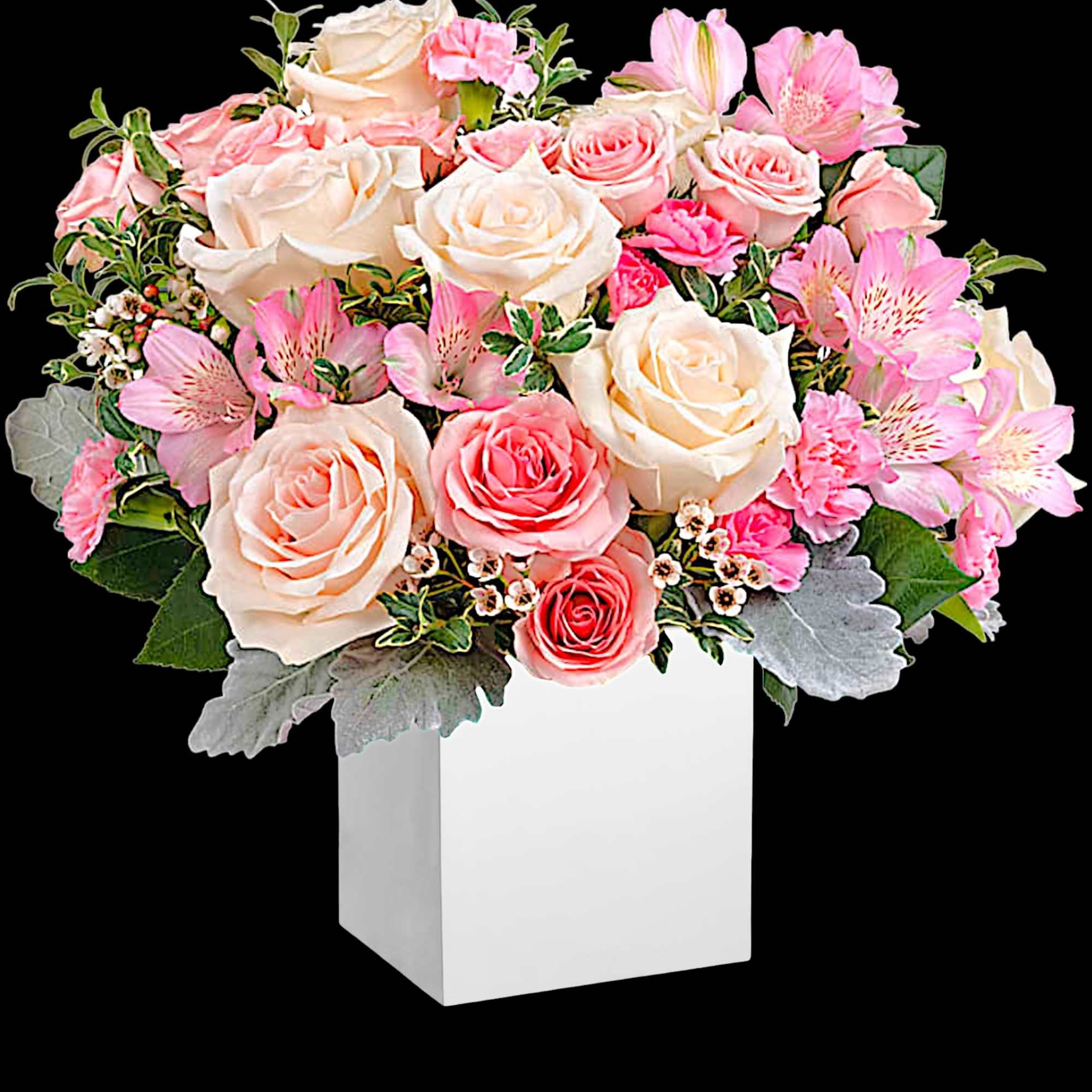Pink and cream rose bouquet in a white box vase
