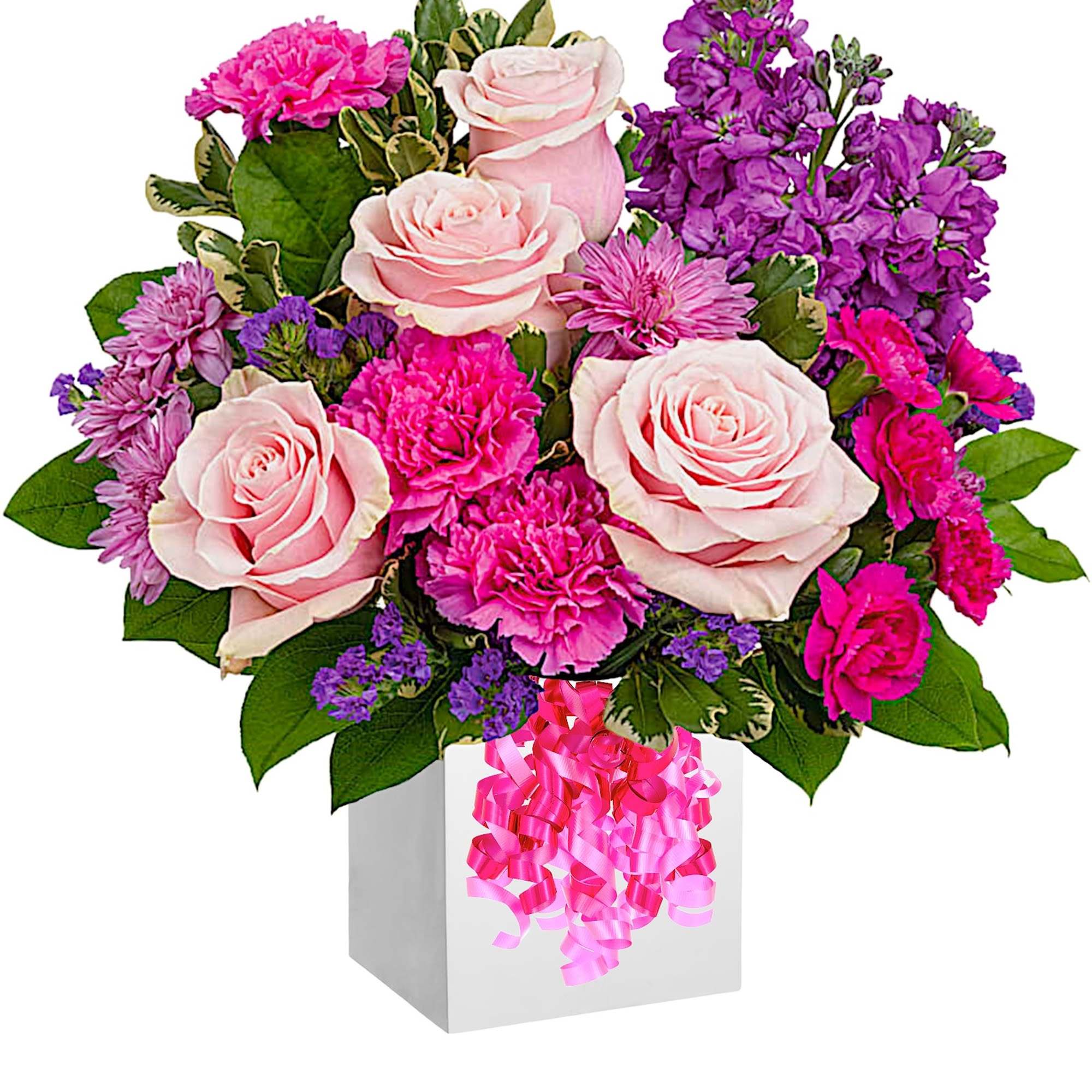 Pink roses and purple flowers in a white box with a pink ribbon