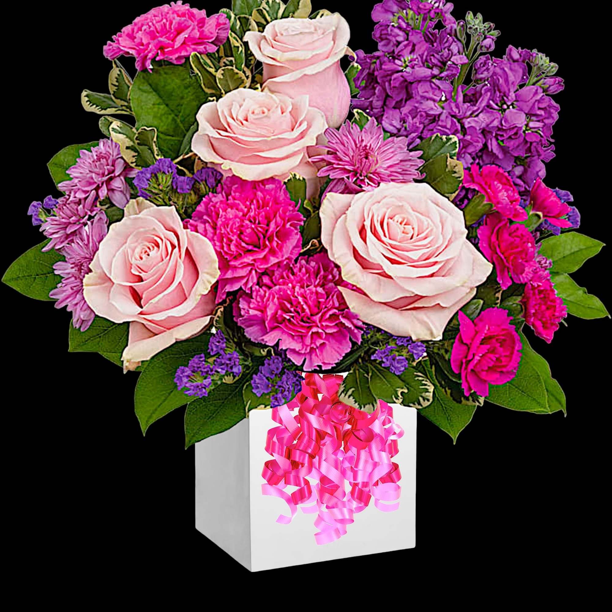 Pink roses and purple flowers in a white box with a pink ribbon, photo 3 of 4