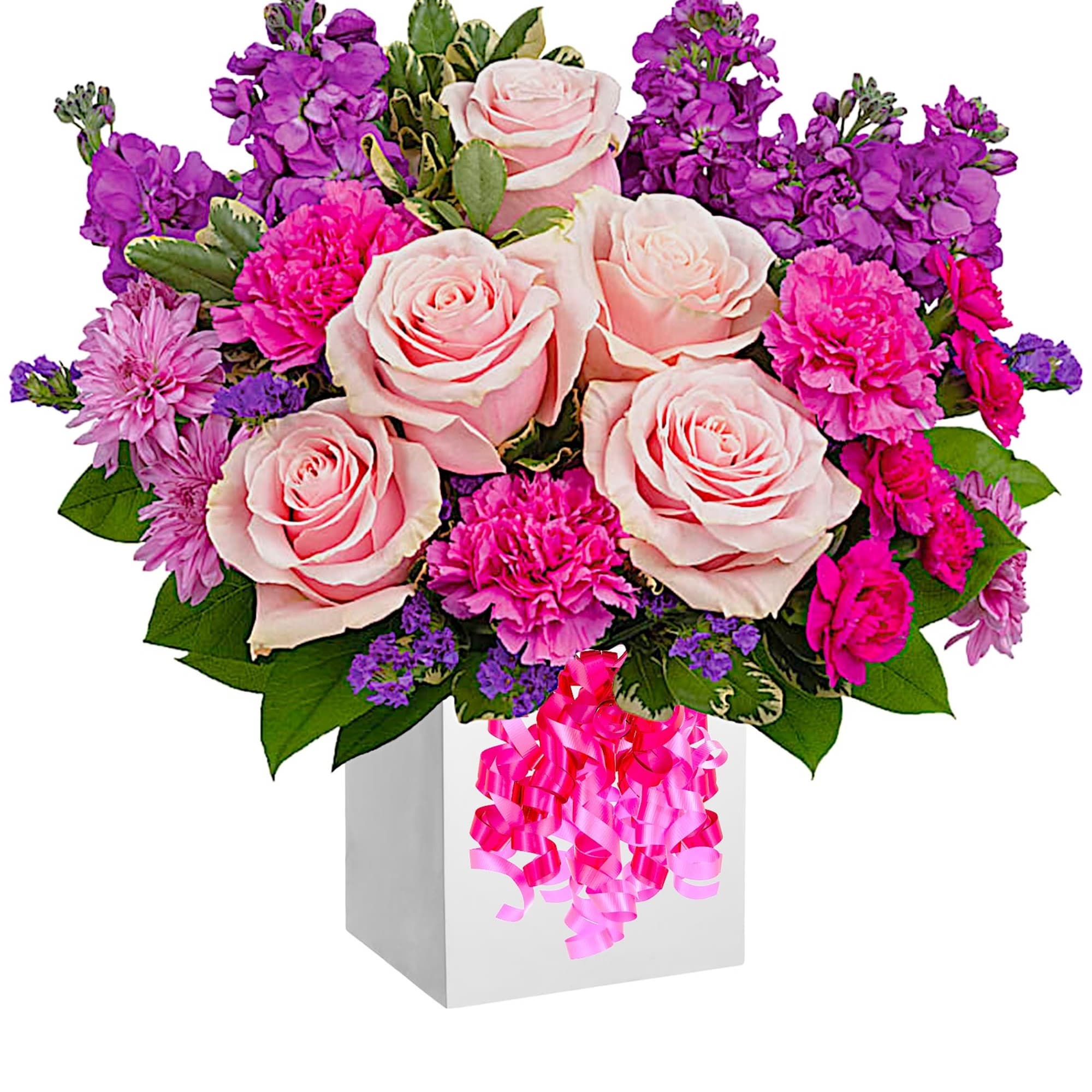 Pink roses and purple flowers in a white box with a pink ribbon bow