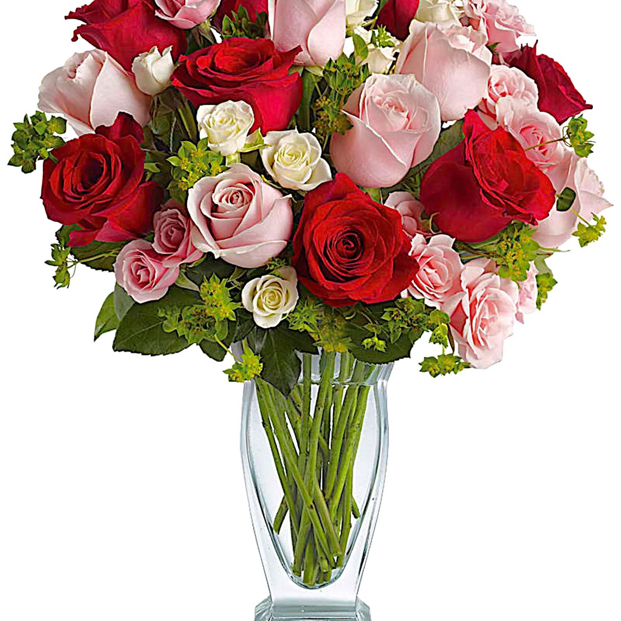 Bouquet of red, pink, and white roses in a clear glass vase