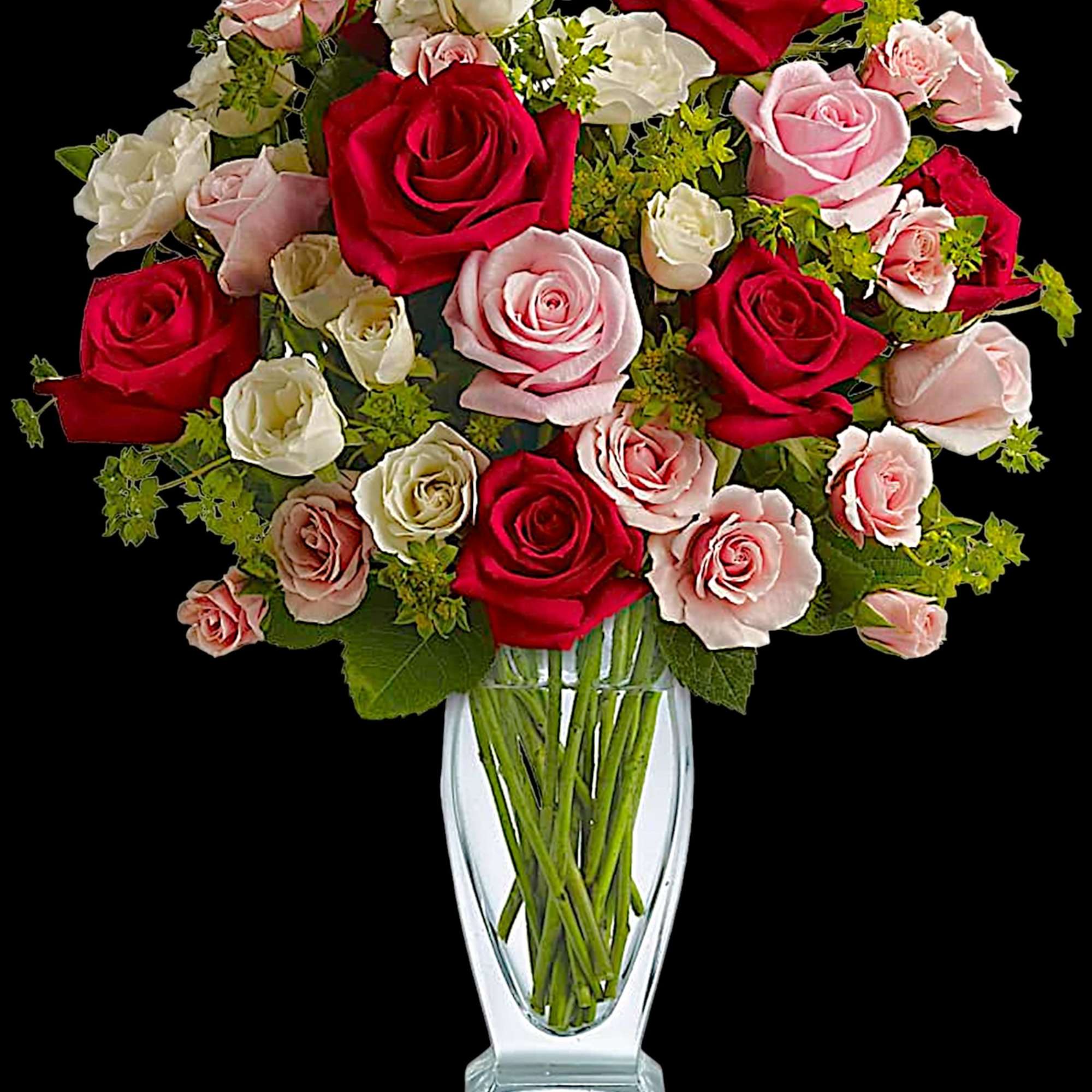 Bouquet of red, pink, and white roses in a clear glass vase, photo 4 of 5